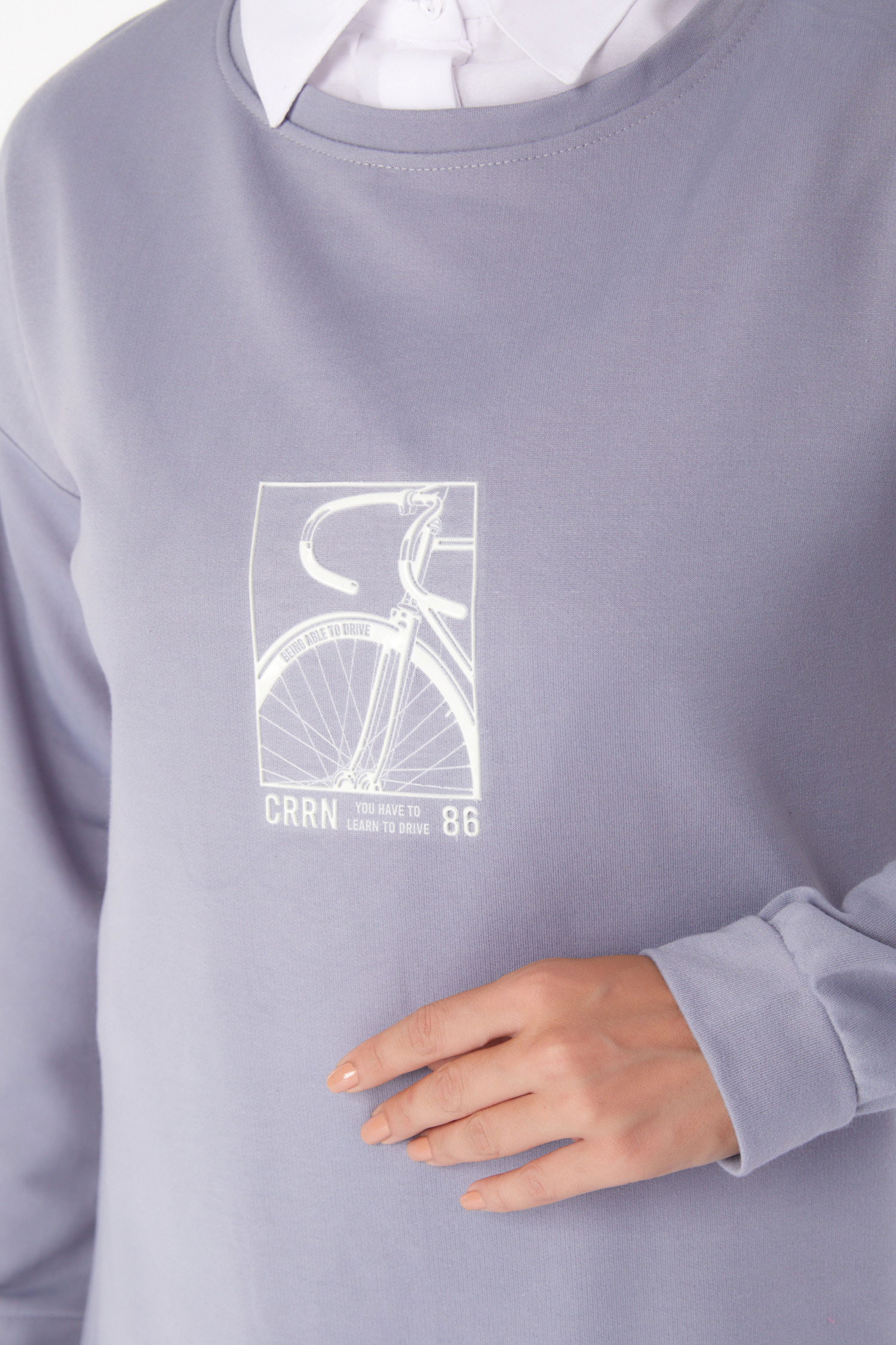 Düz Bisiklet Yaka Kadın Gri Sweat - 26202 - 5