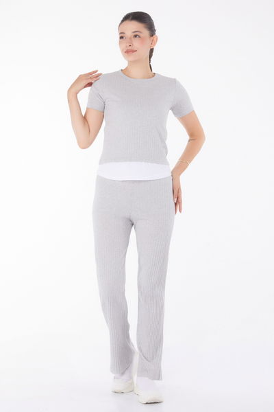 Düz Bisiklet Yaka Kadın Gri T-shirt Pantolon İkili Takım - 25952 