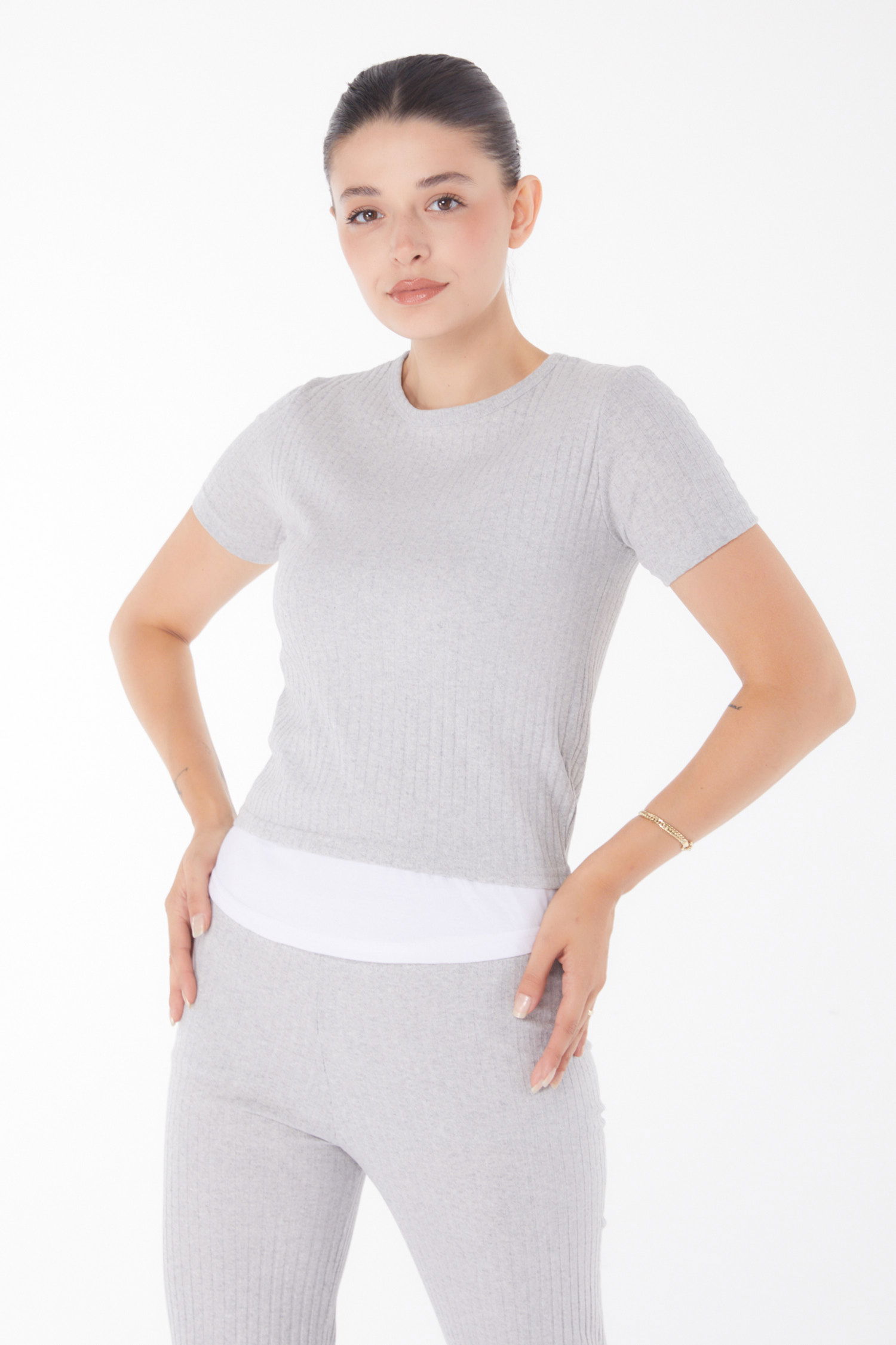 Düz Bisiklet Yaka Kadın Gri T-shirt Pantolon İkili Takım - 25952 - 3