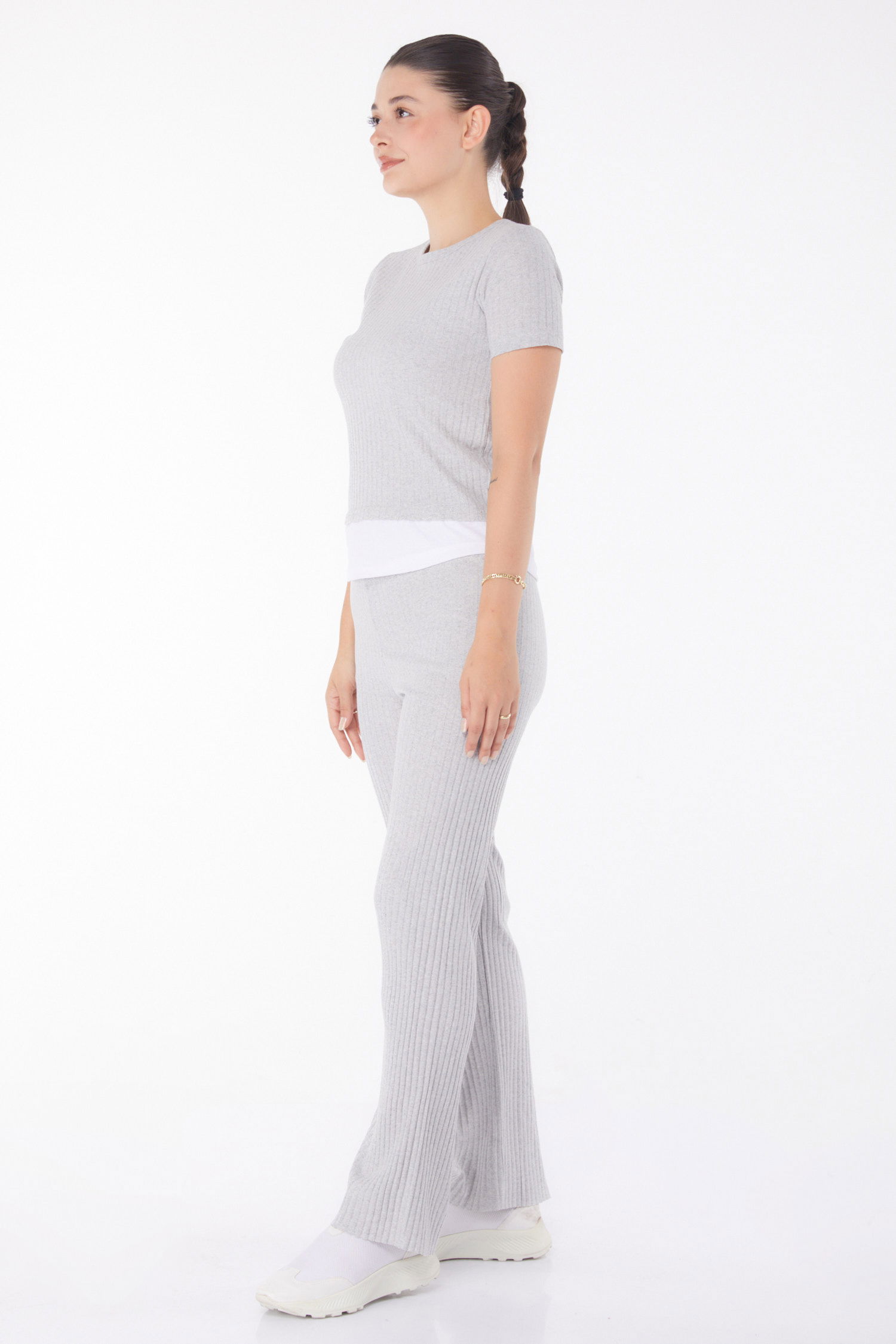 Düz Bisiklet Yaka Kadın Gri T-shirt Pantolon İkili Takım - 25952 - 4