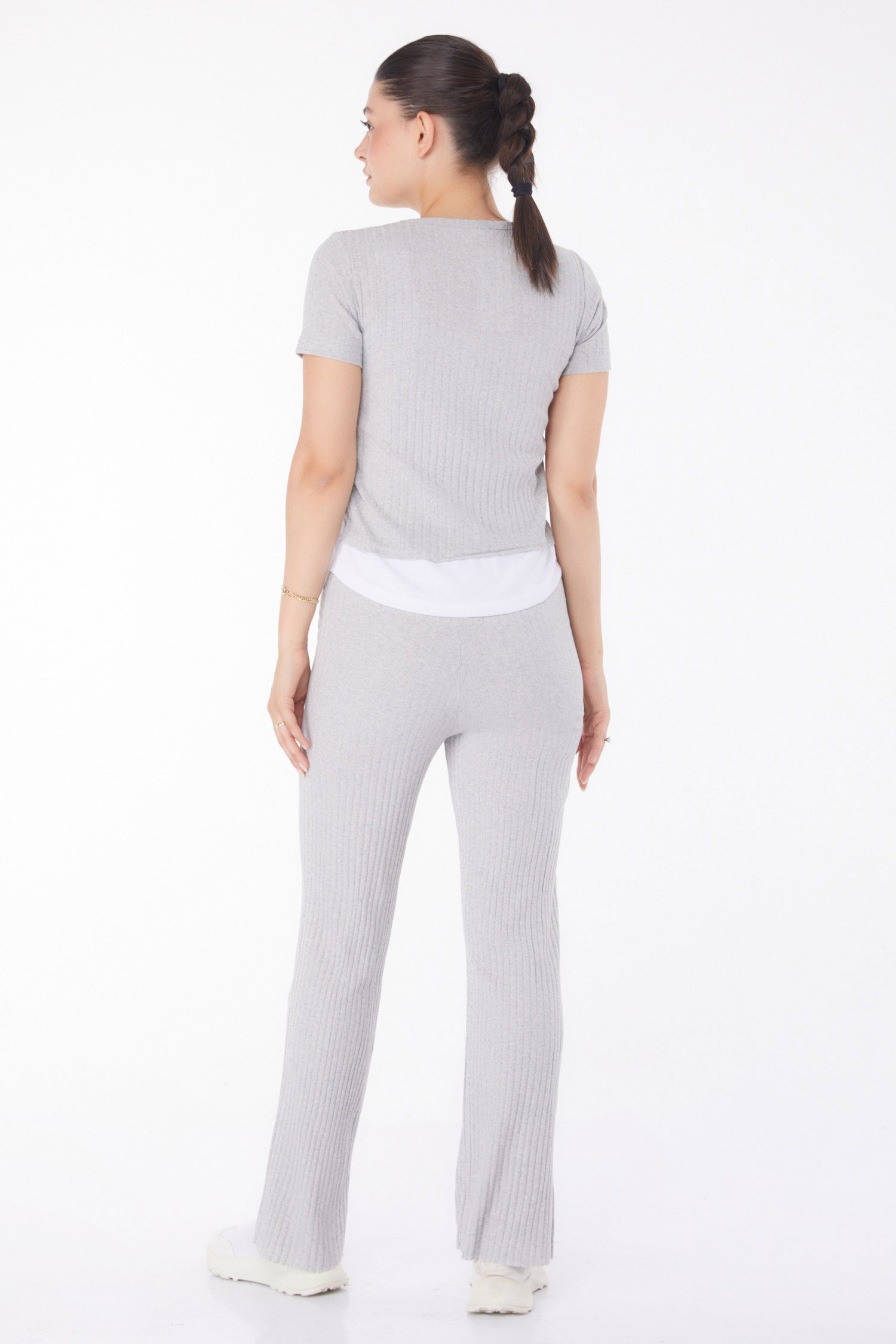 Düz Bisiklet Yaka Kadın Gri T-shirt Pantolon İkili Takım - 25952 - 5