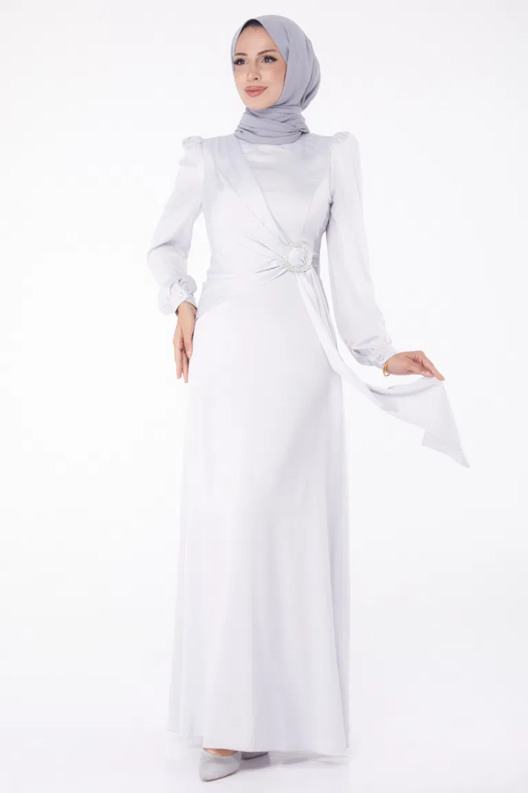 Düz Bisiklet Yaka Kadın Gri Taşlı Abiye Elbise - 26193 - TOFİSA