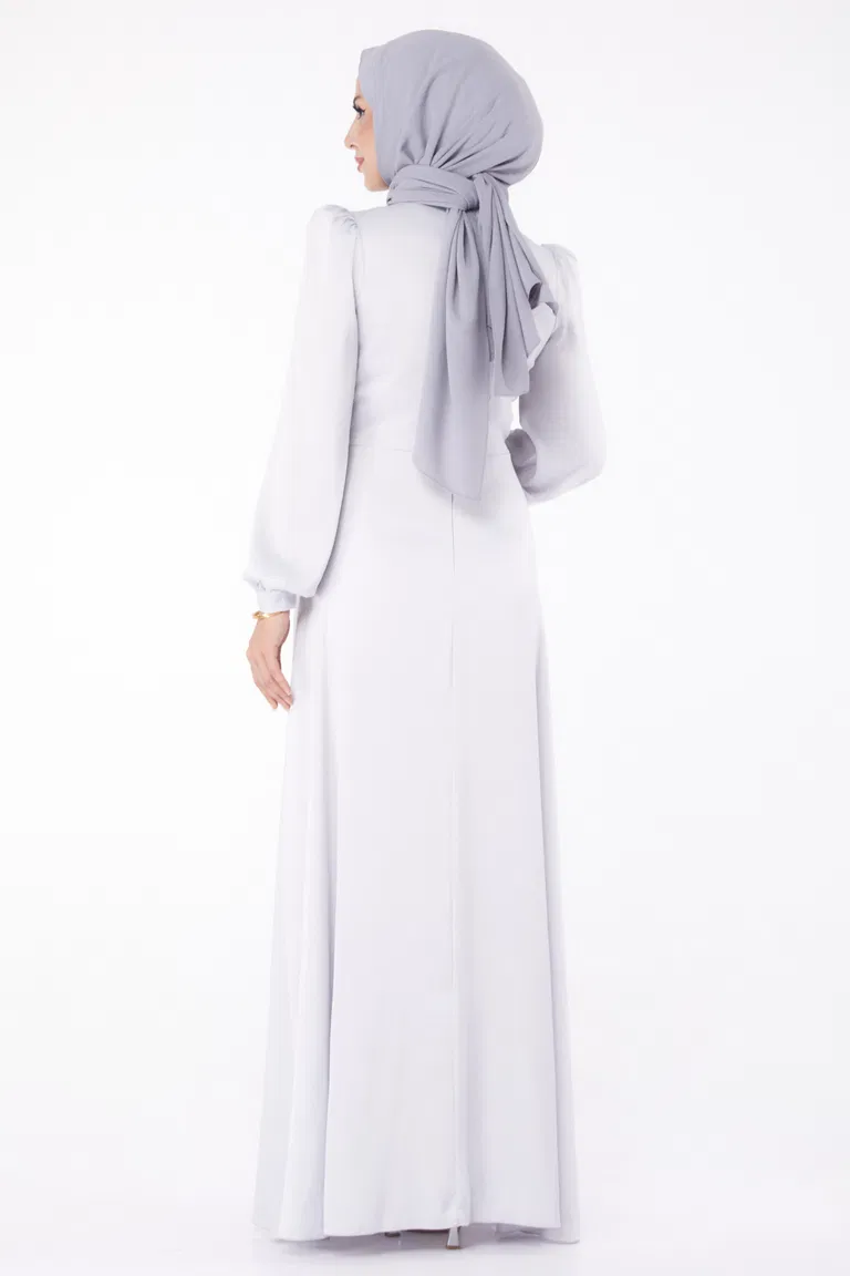 Düz Bisiklet Yaka Kadın Gri Taşlı Abiye Elbise - 26193 - TOFİSA