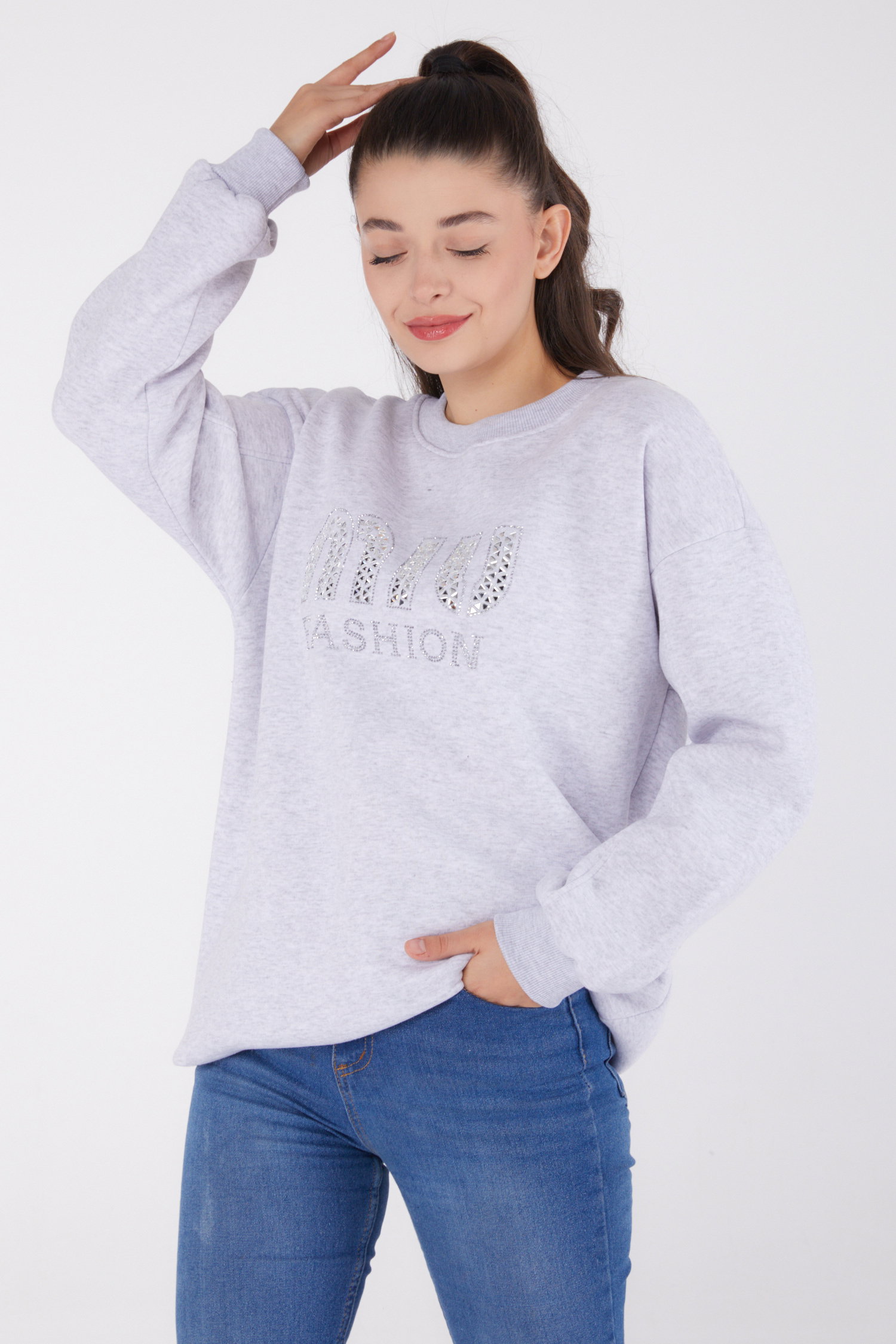 Düz Bisiklet Yaka Kadın Gri Taşlı Sweatshirt - 26478 - 2