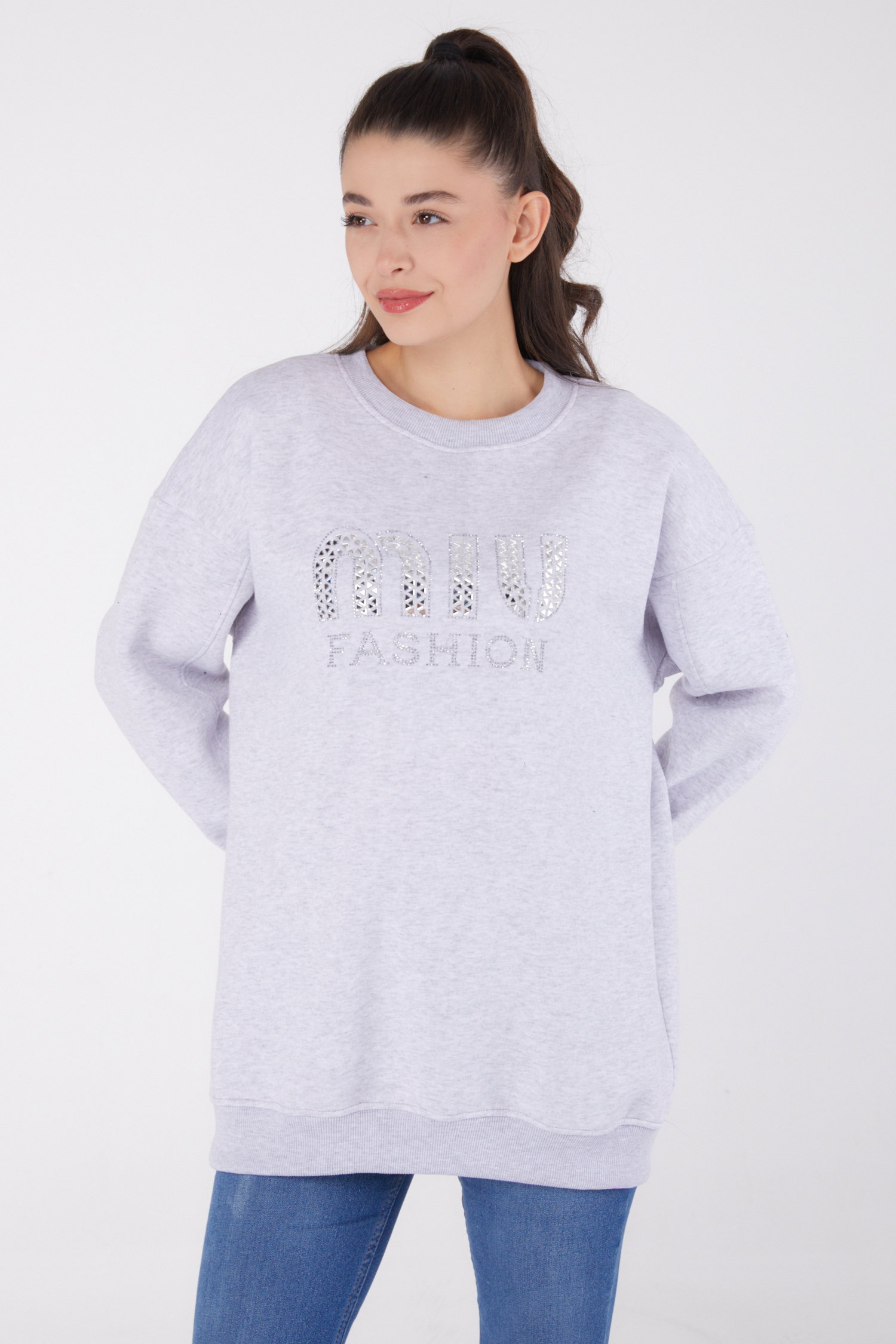 Düz Bisiklet Yaka Kadın Gri Taşlı Sweatshirt - 26478 - 3