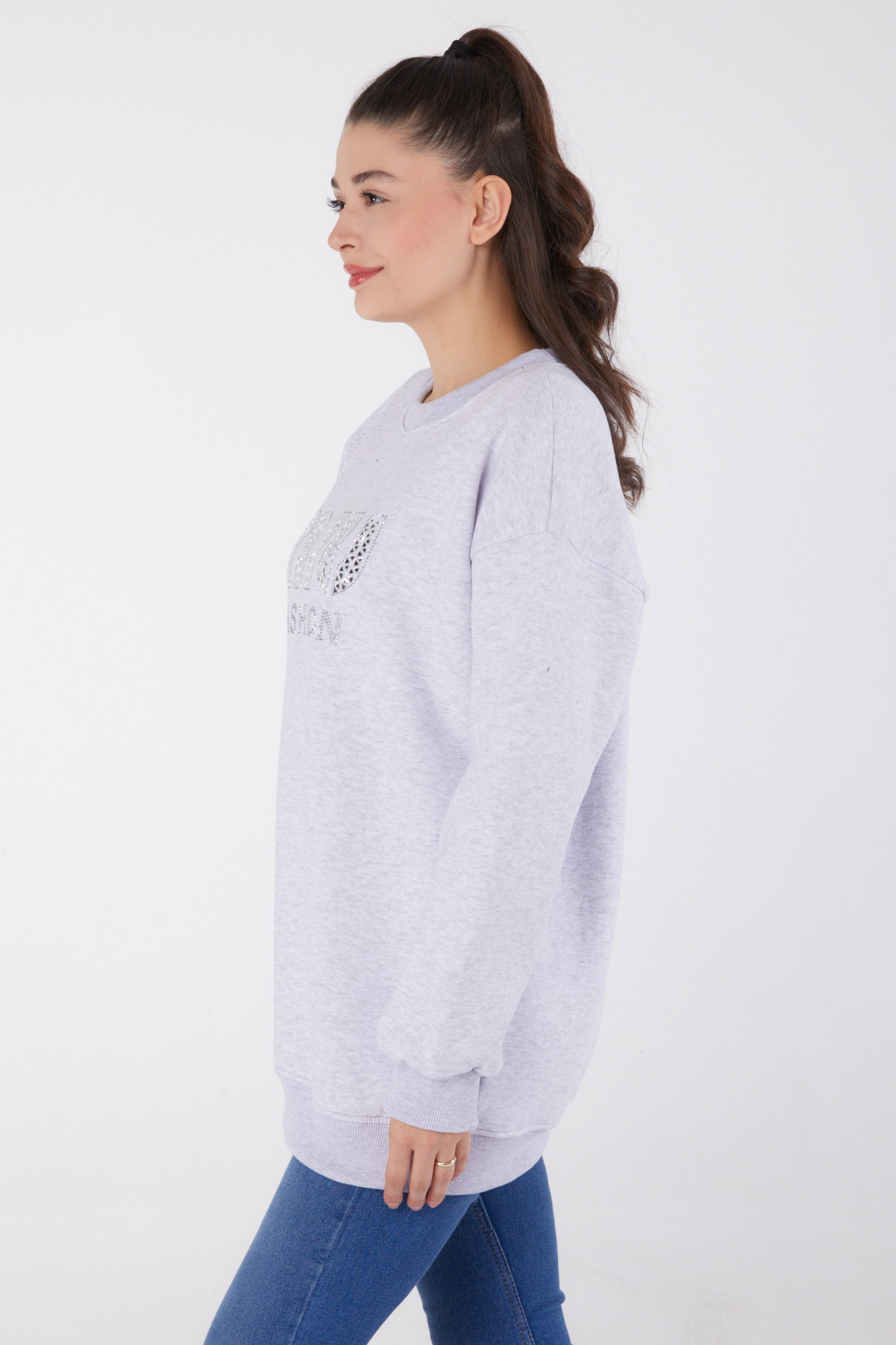 Düz Bisiklet Yaka Kadın Gri Taşlı Sweatshirt - 26478 - 4