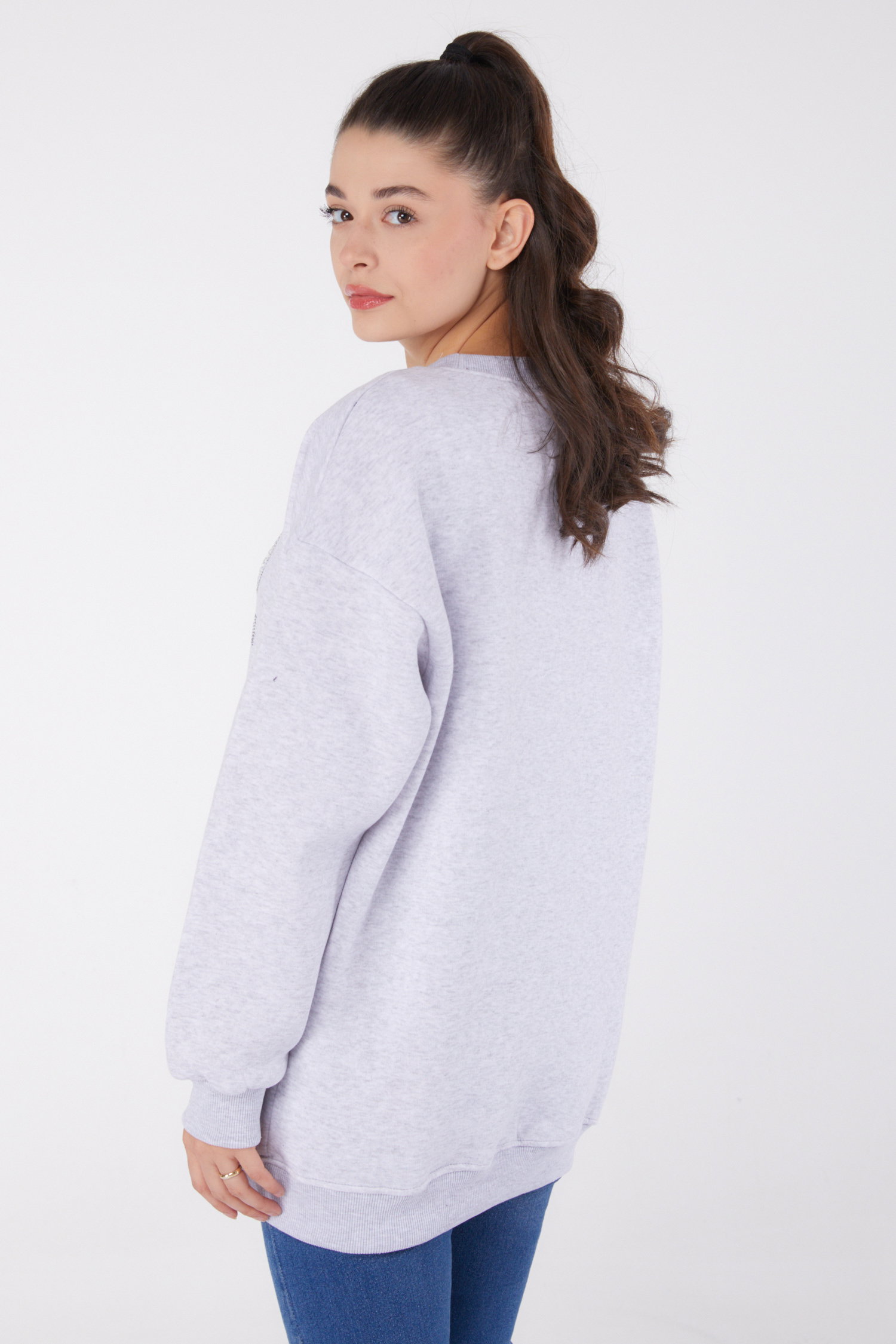 Düz Bisiklet Yaka Kadın Gri Taşlı Sweatshirt - 26478 - 5