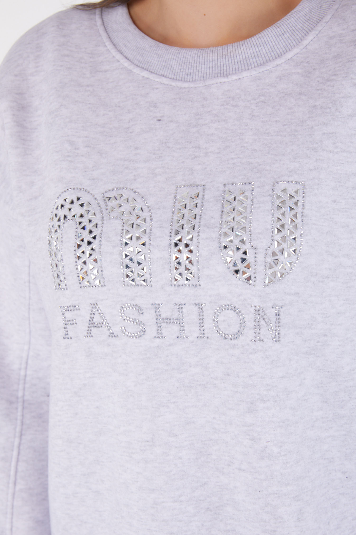 Düz Bisiklet Yaka Kadın Gri Taşlı Sweatshirt - 26478 - 6