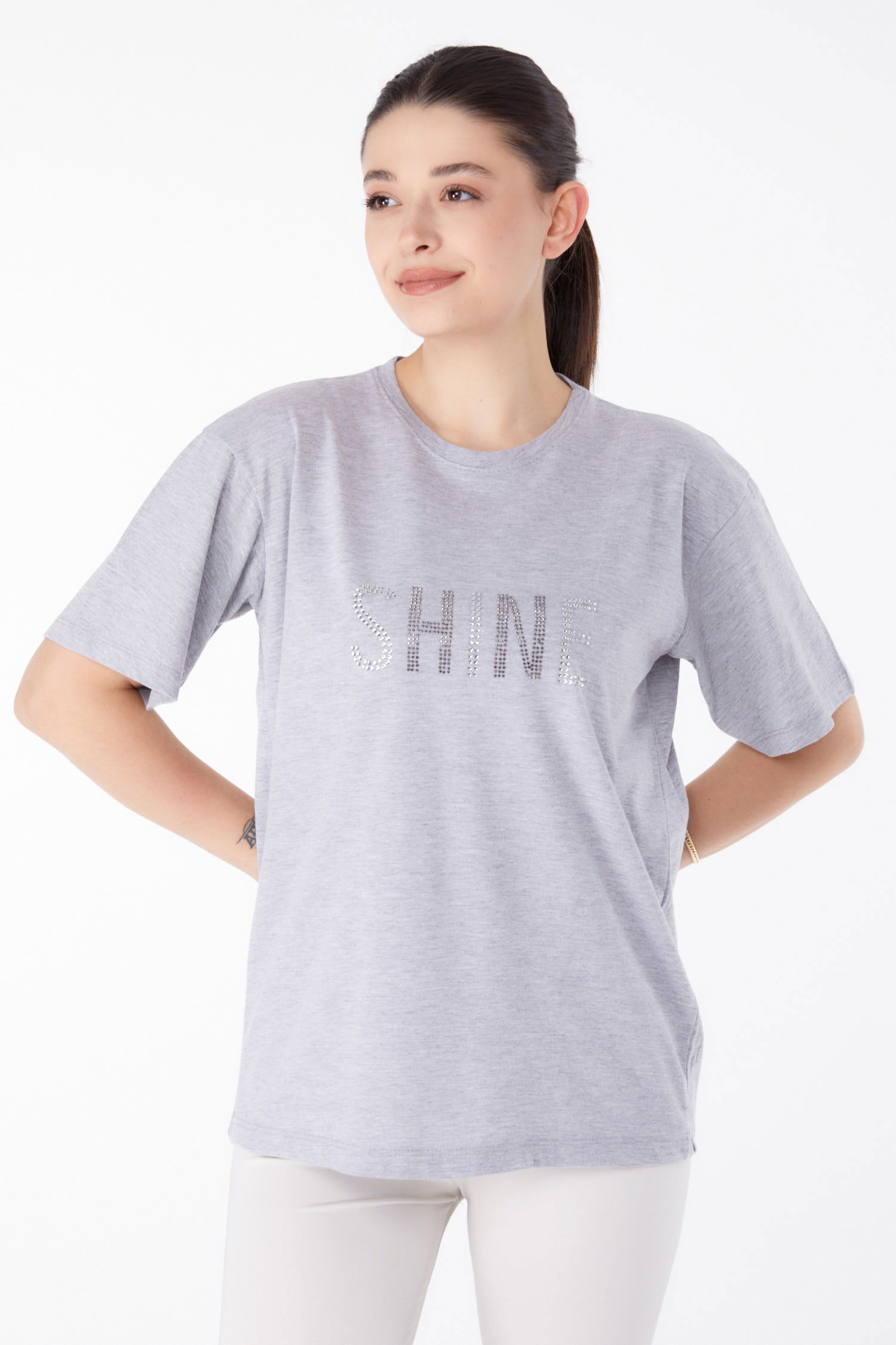 Taşlı T-Shirt Gri - 25474 - 1