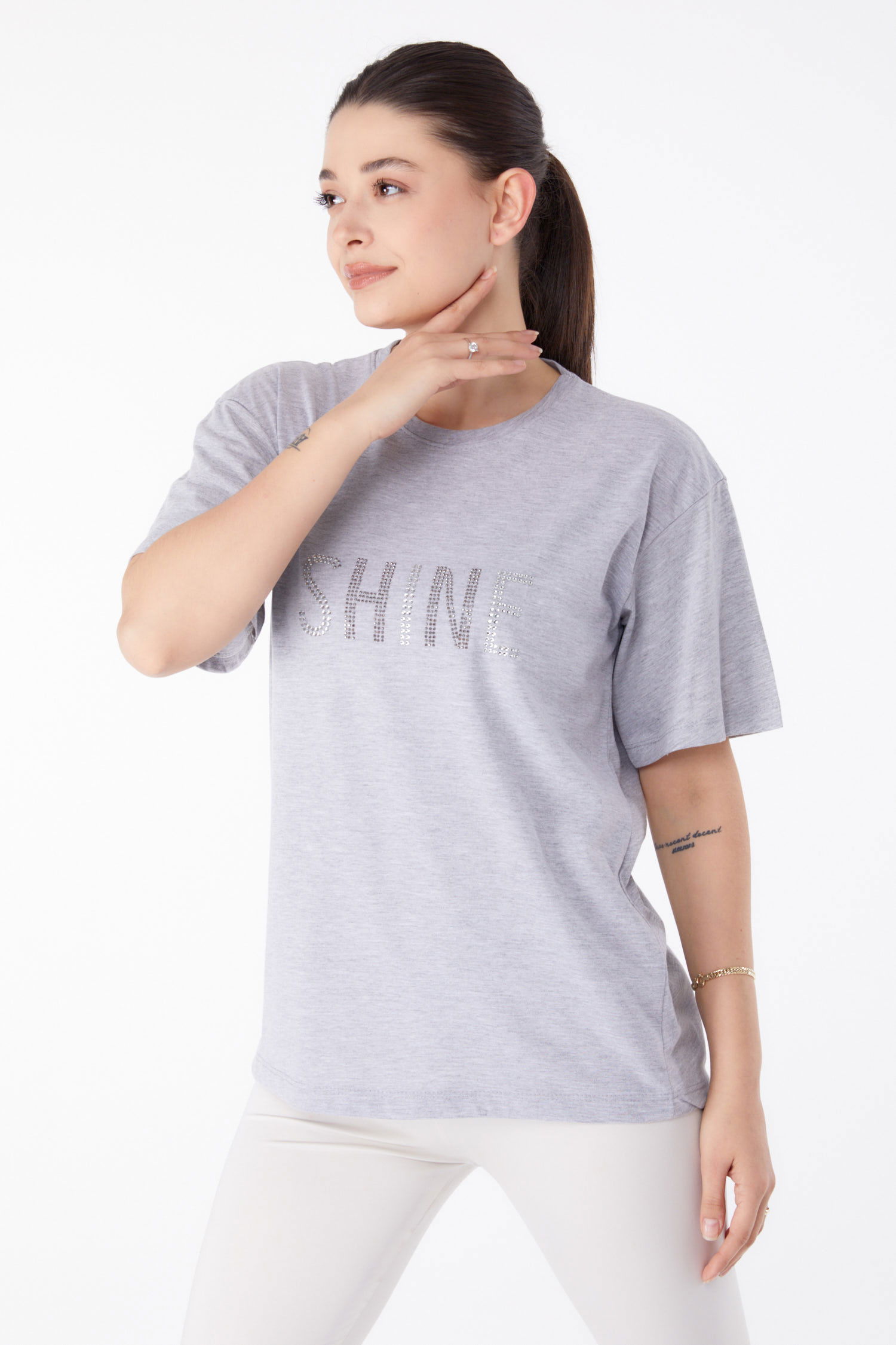 Taşlı T-Shirt Gri - 25474 - 2