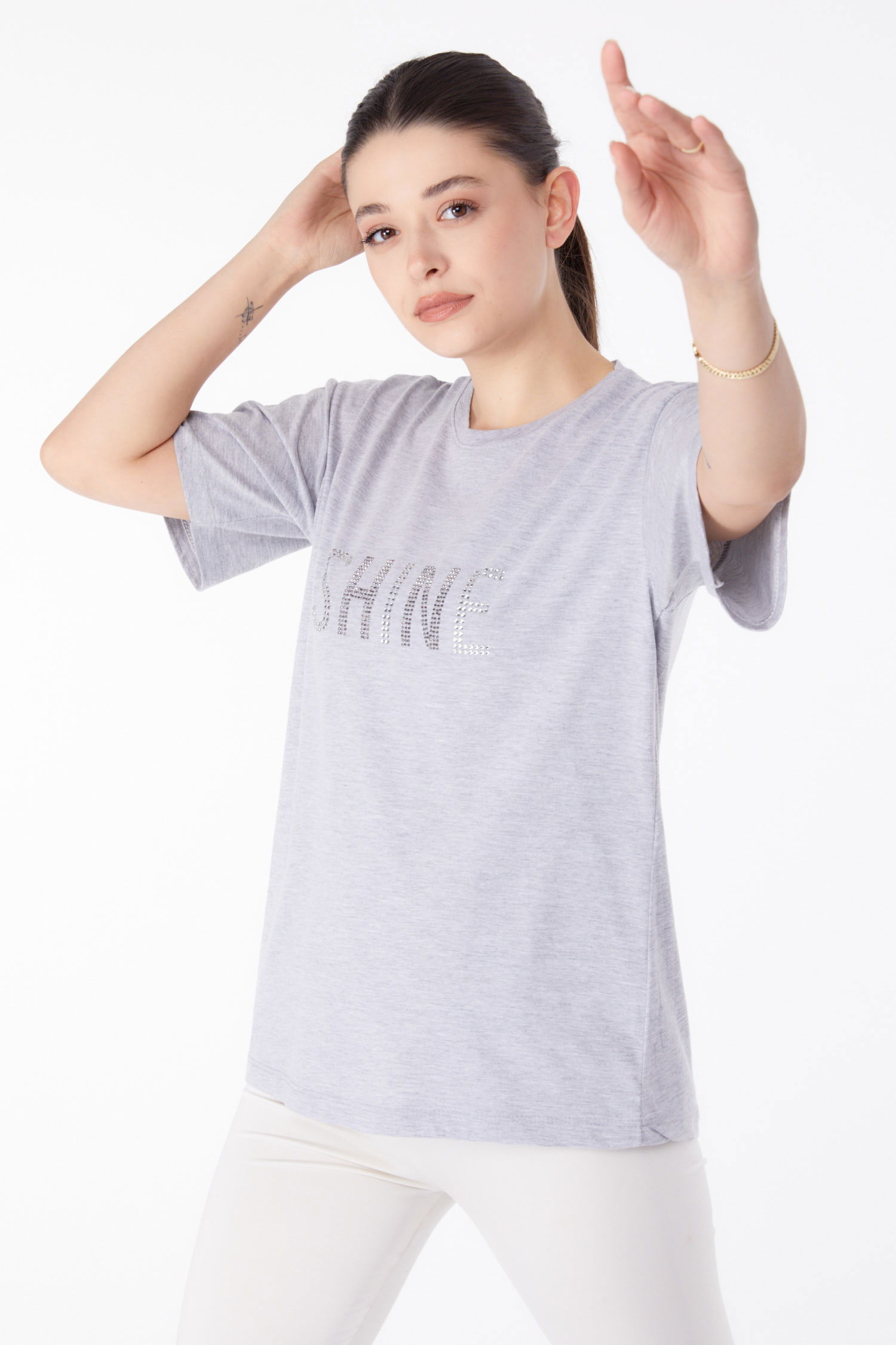 Taşlı T-Shirt Gri - 25474 - 3