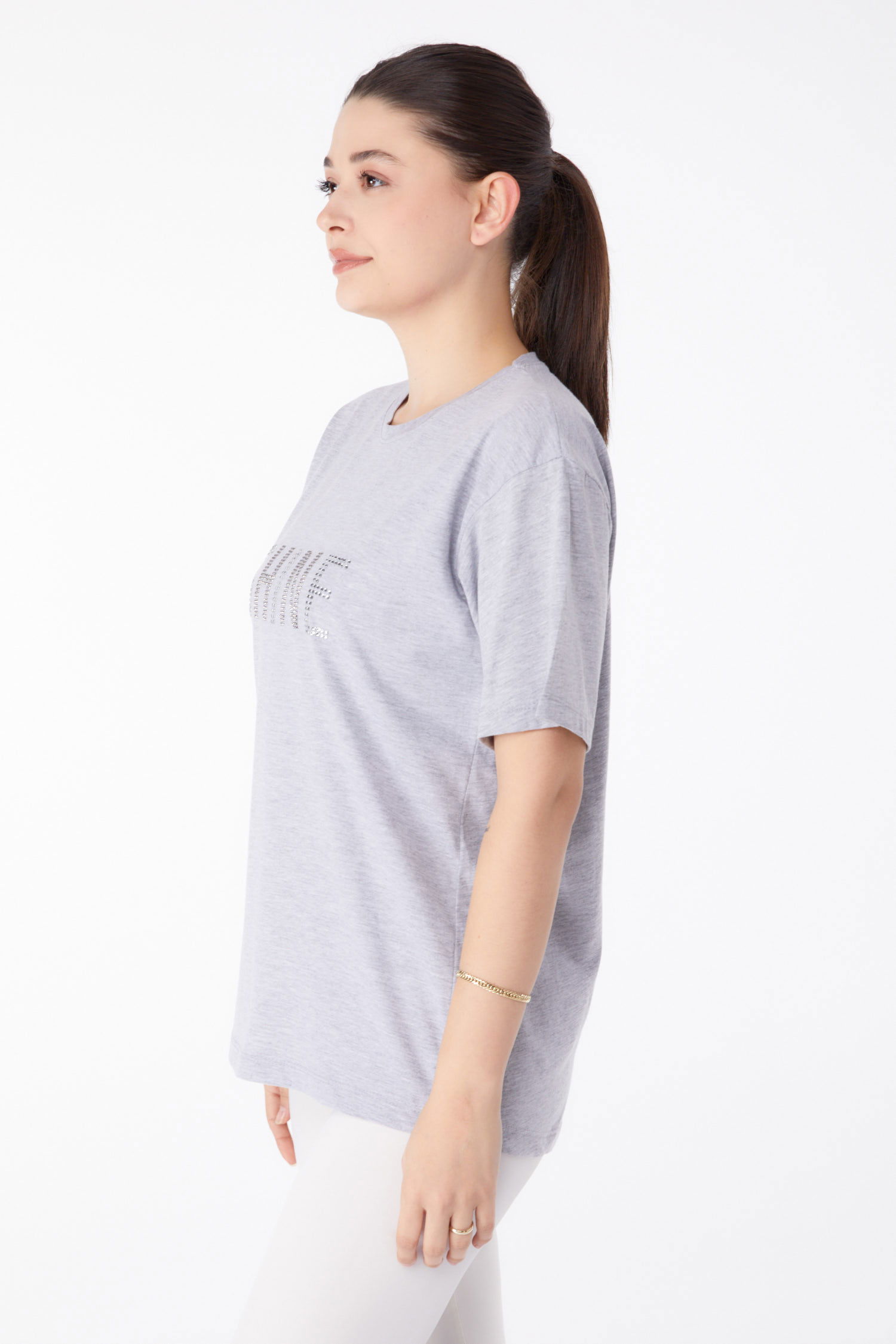 Taşlı T-Shirt Gri - 25474 - 4