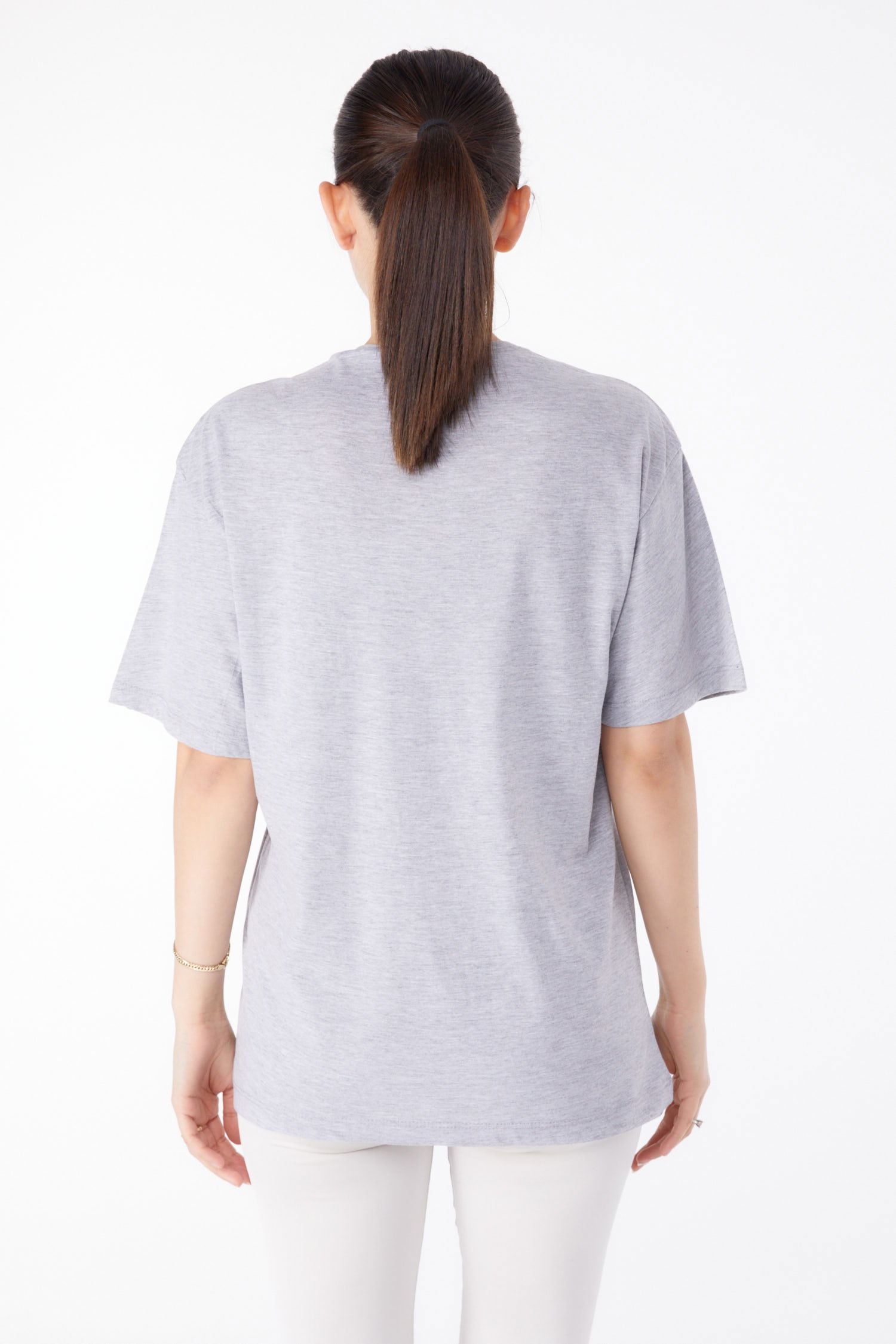Düz Bisiklet Yaka Kadın Gri Taşlı T-Shirt - 25475 - 5