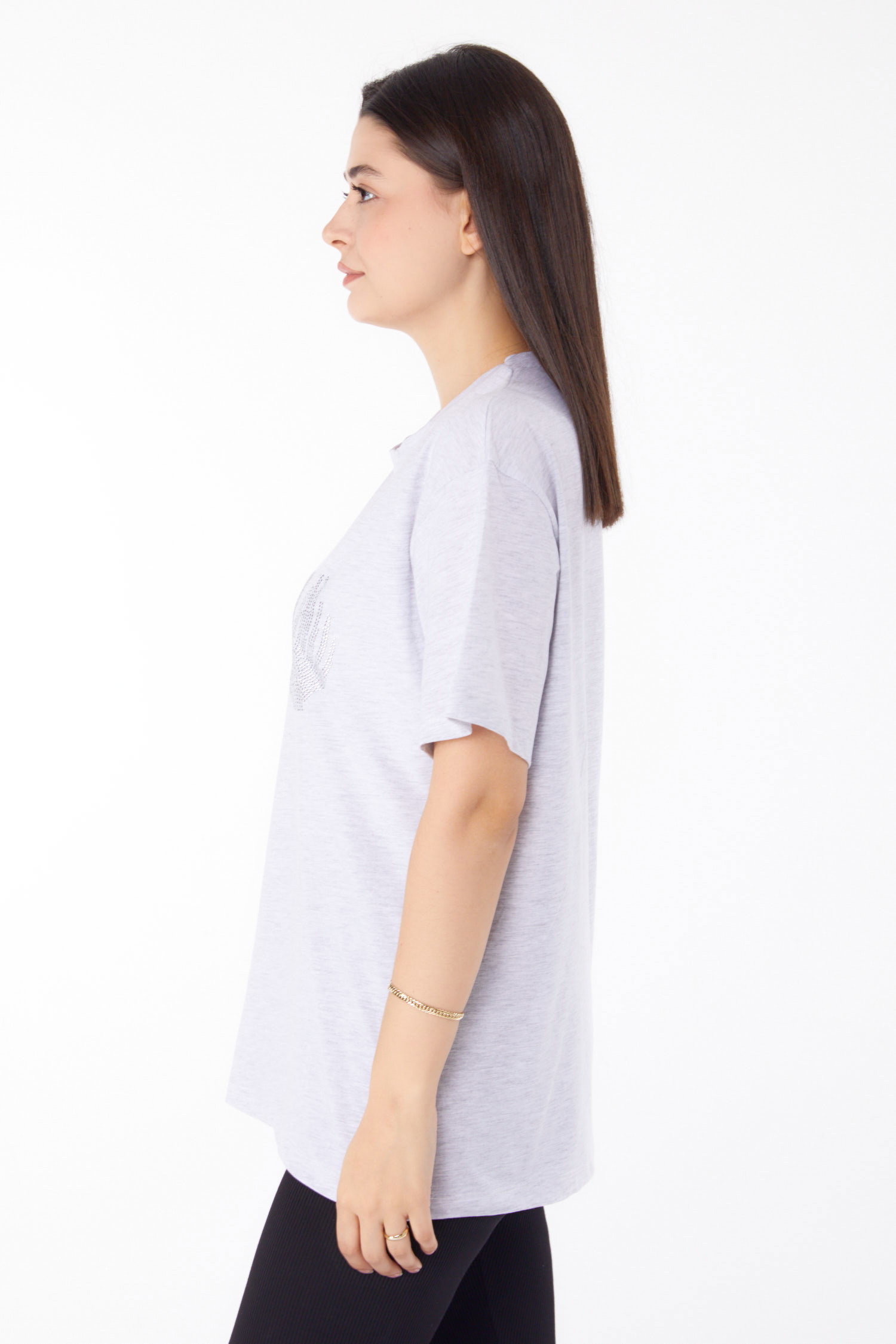 Düz Bisiklet Yaka Kadın Gri Taşlı T-shirt - 25696 - 4