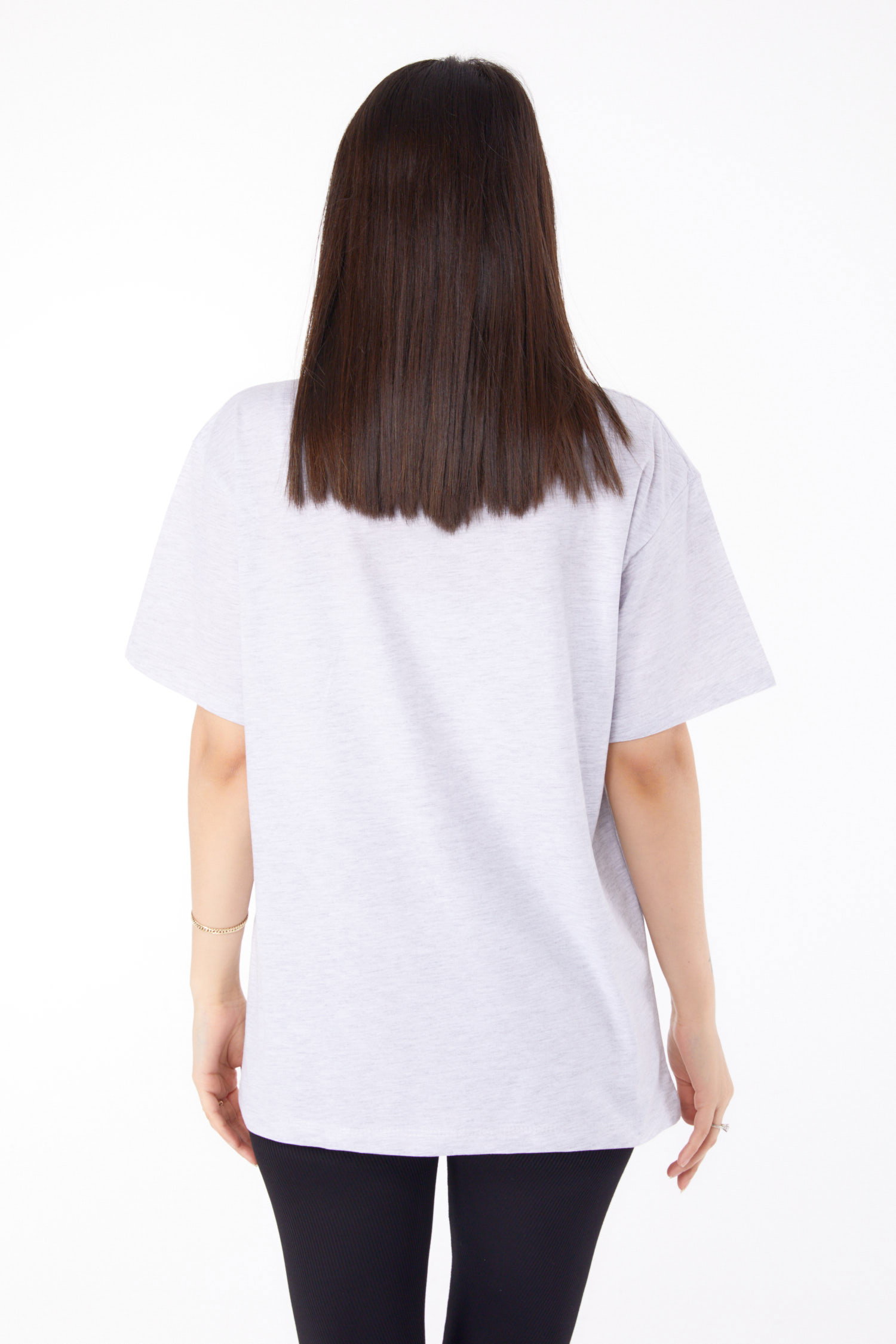 Düz Bisiklet Yaka Kadın Gri Taşlı T-shirt - 25696 - 5