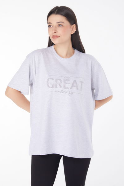 Düz Bisiklet Yaka Kadın Gri Taşlı T-shirt
