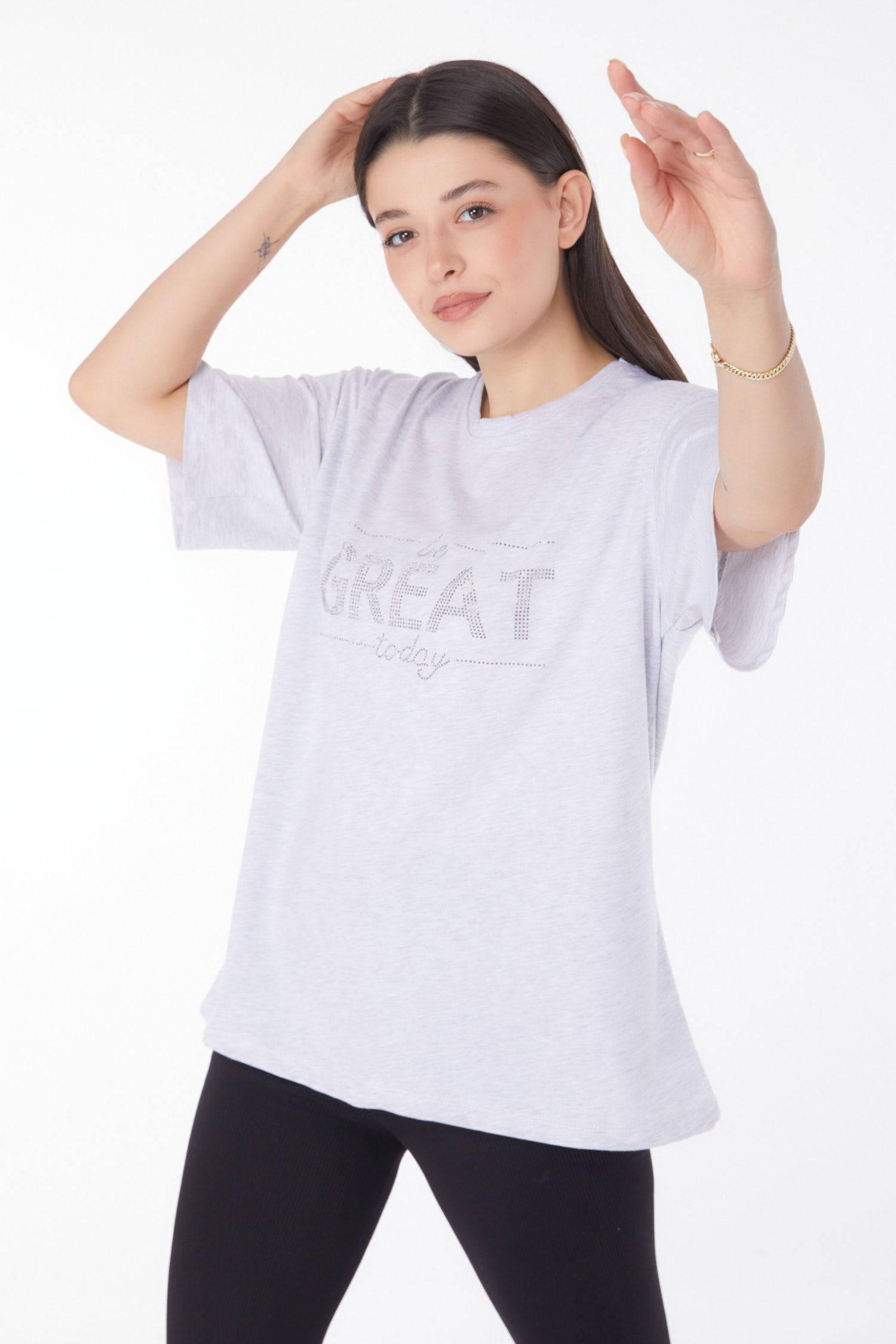Düz Bisiklet Yaka Kadın Gri Taşlı T-shirt