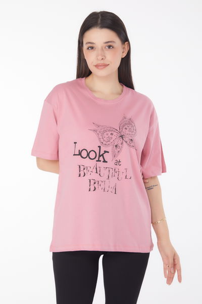 Düz Bisiklet Yaka Kadın Gül Baskılı Kısa Kollu T-shirt - 25766 