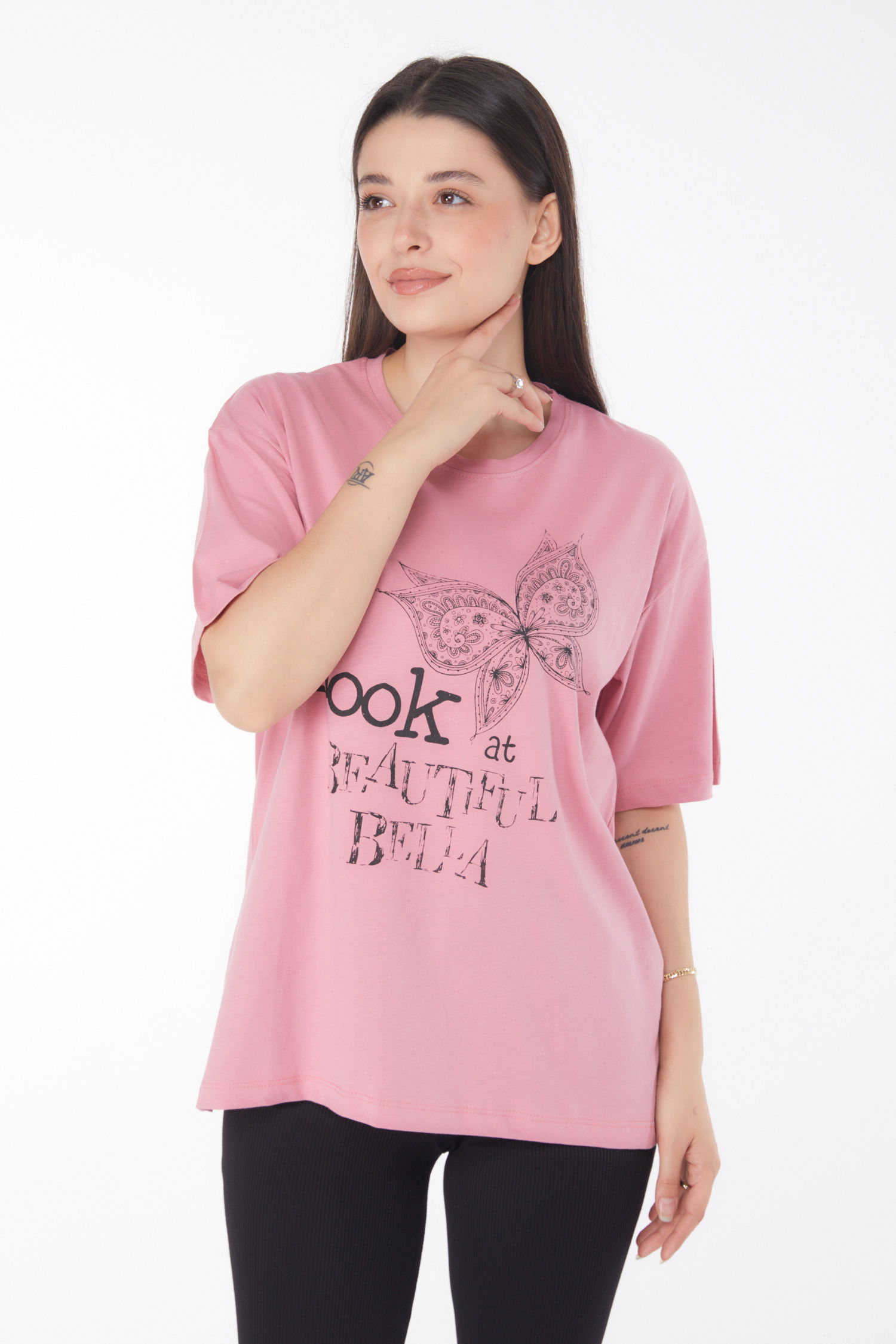 Düz Bisiklet Yaka Kadın Gül Baskılı Kısa Kollu T-shirt - 25766 - 2