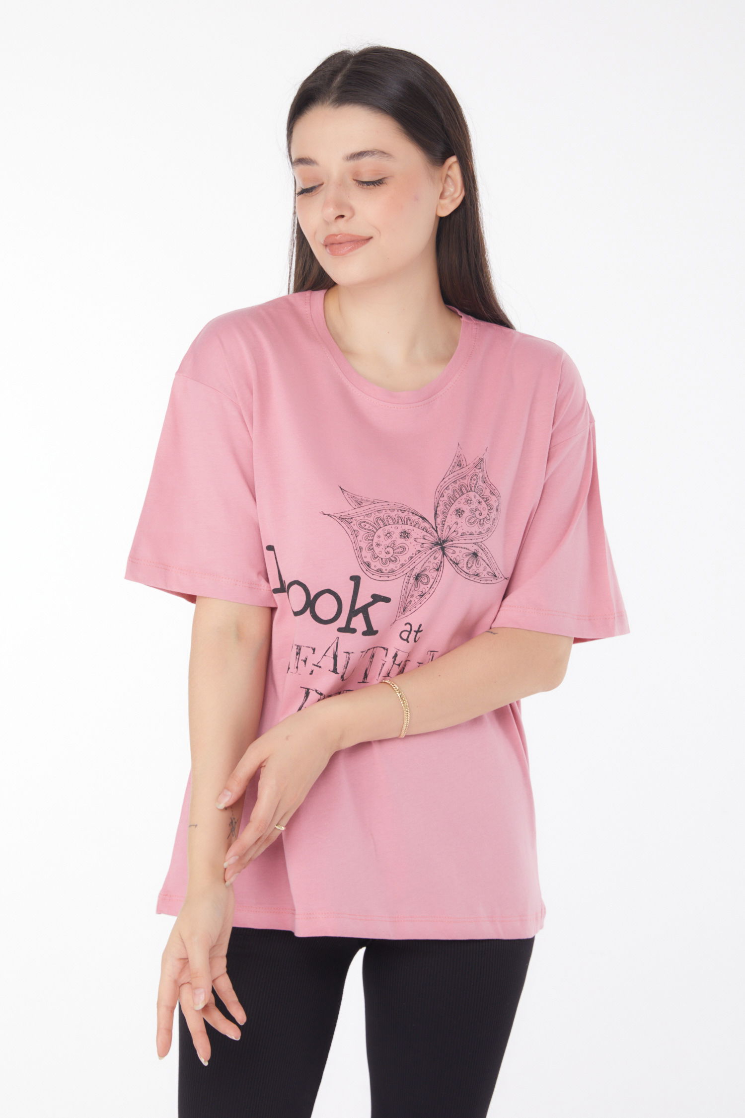 Düz Bisiklet Yaka Kadın Gül Baskılı Kısa Kollu T-shirt - 25766 - 3
