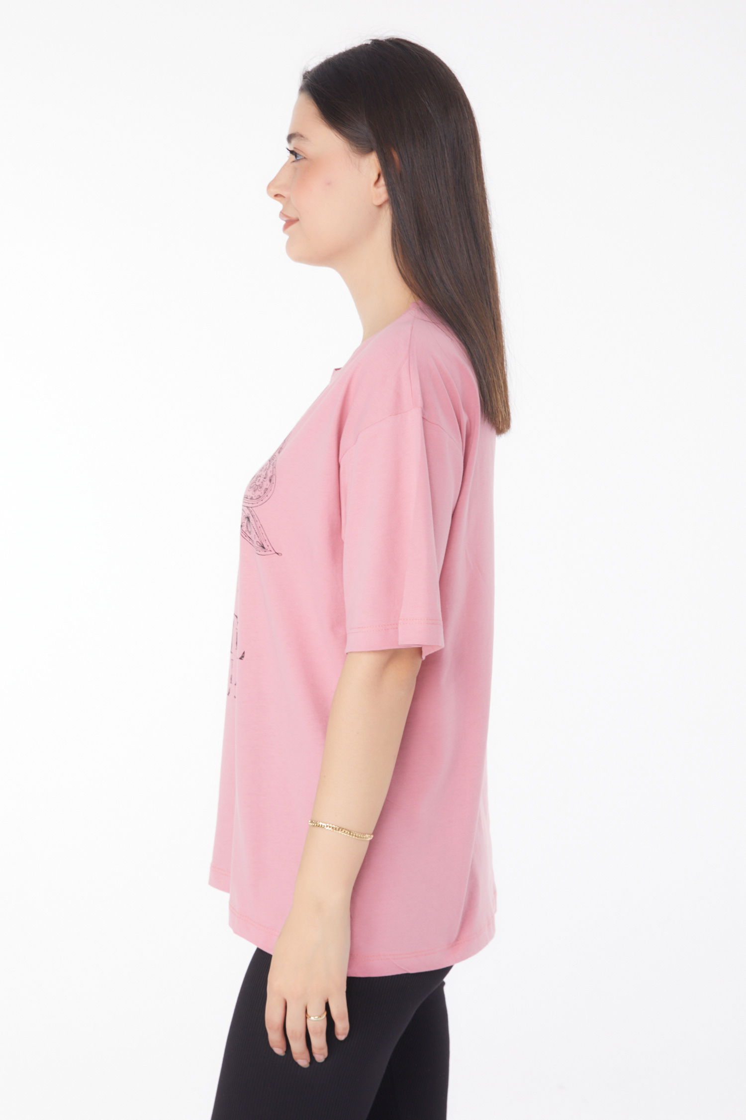Düz Bisiklet Yaka Kadın Gül Baskılı Kısa Kollu T-shirt - 25766 - 4