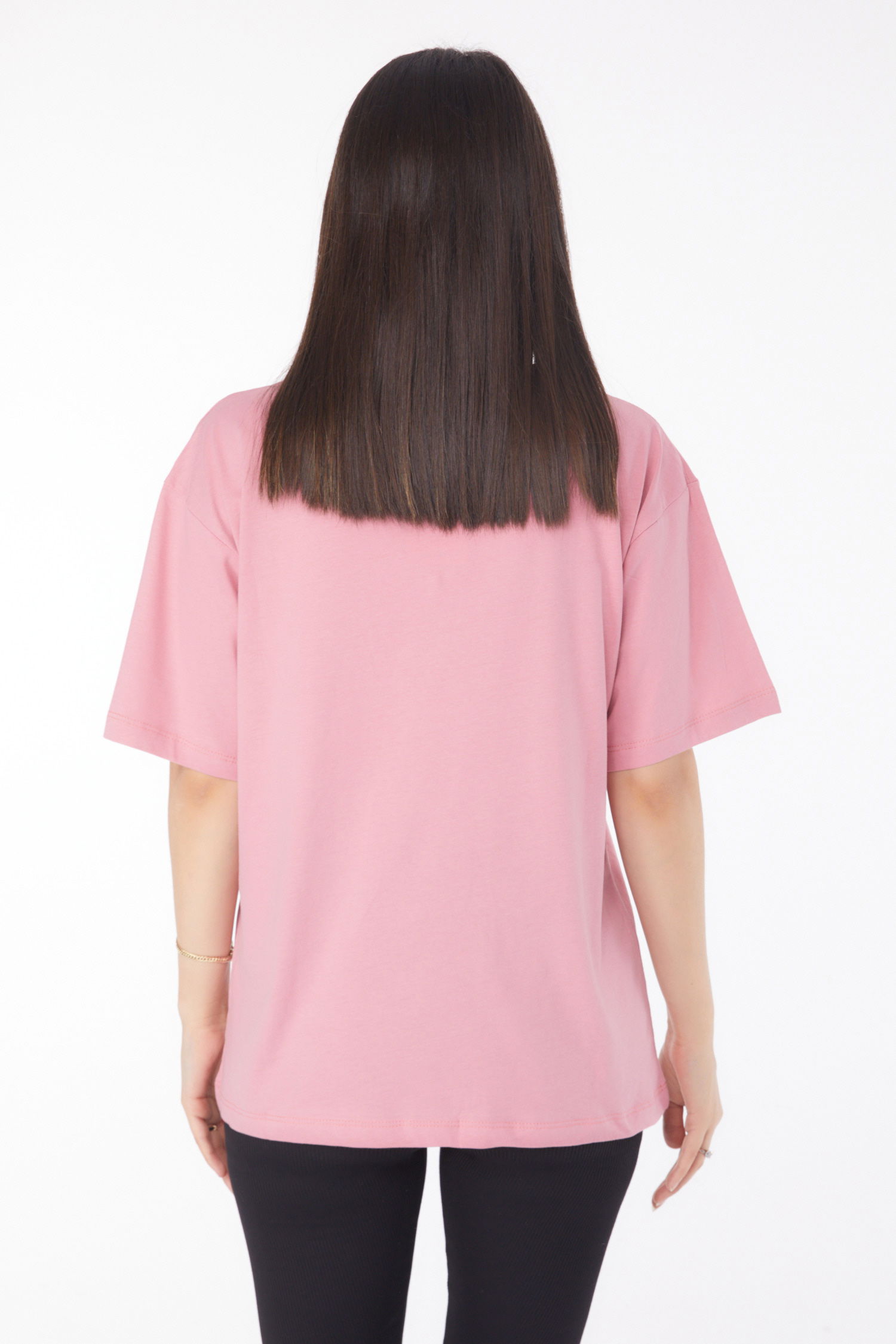Düz Bisiklet Yaka Kadın Gül Baskılı Kısa Kollu T-shirt - 25766 - 5