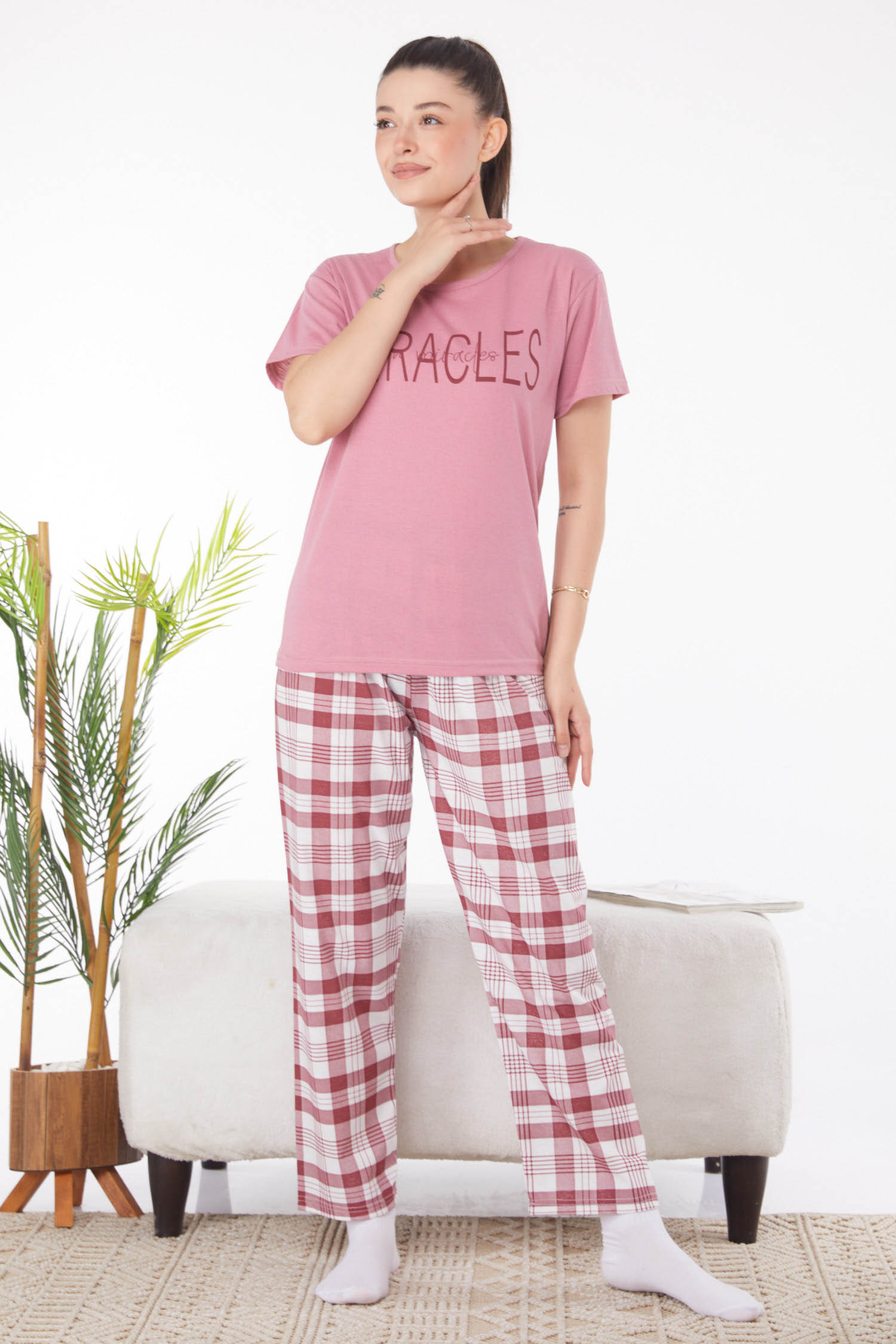 Düz Bisiklet Yaka Kadın Gül Baskılı Pijama Takımı - 25817 - 1