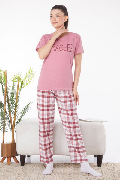 Düz Bisiklet Yaka Kadın Gül Baskılı Pijama Takımı - 25817 
