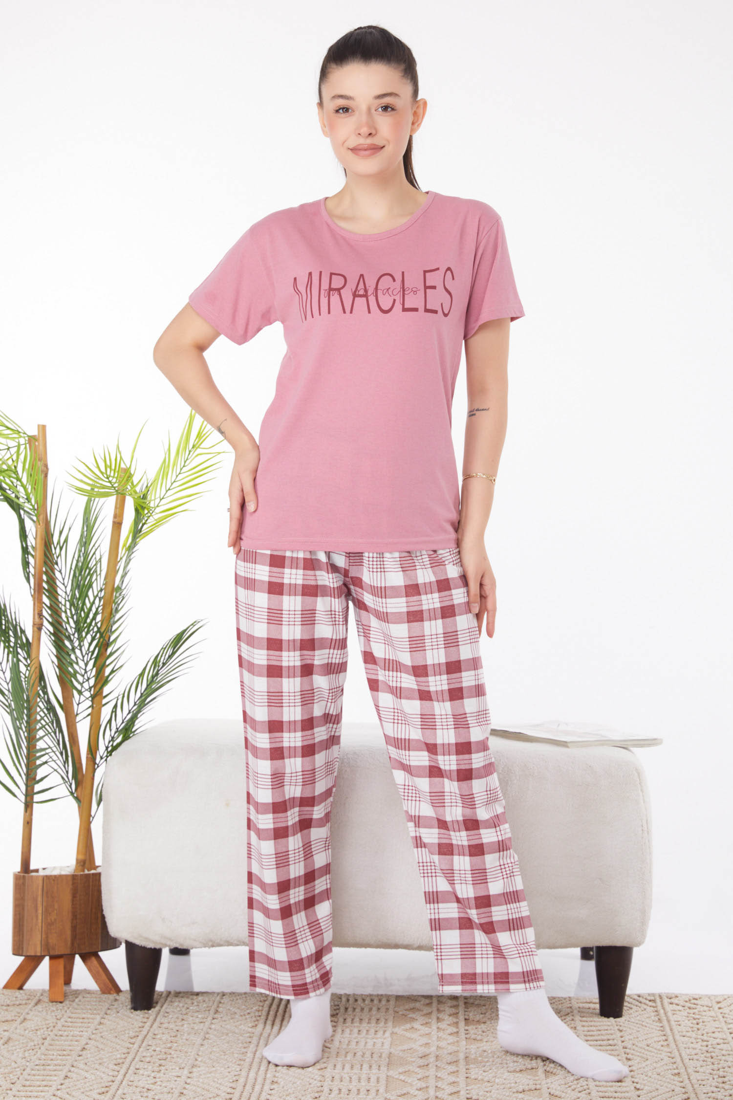 Düz Bisiklet Yaka Kadın Gül Baskılı Pijama Takımı - 25817 - 3