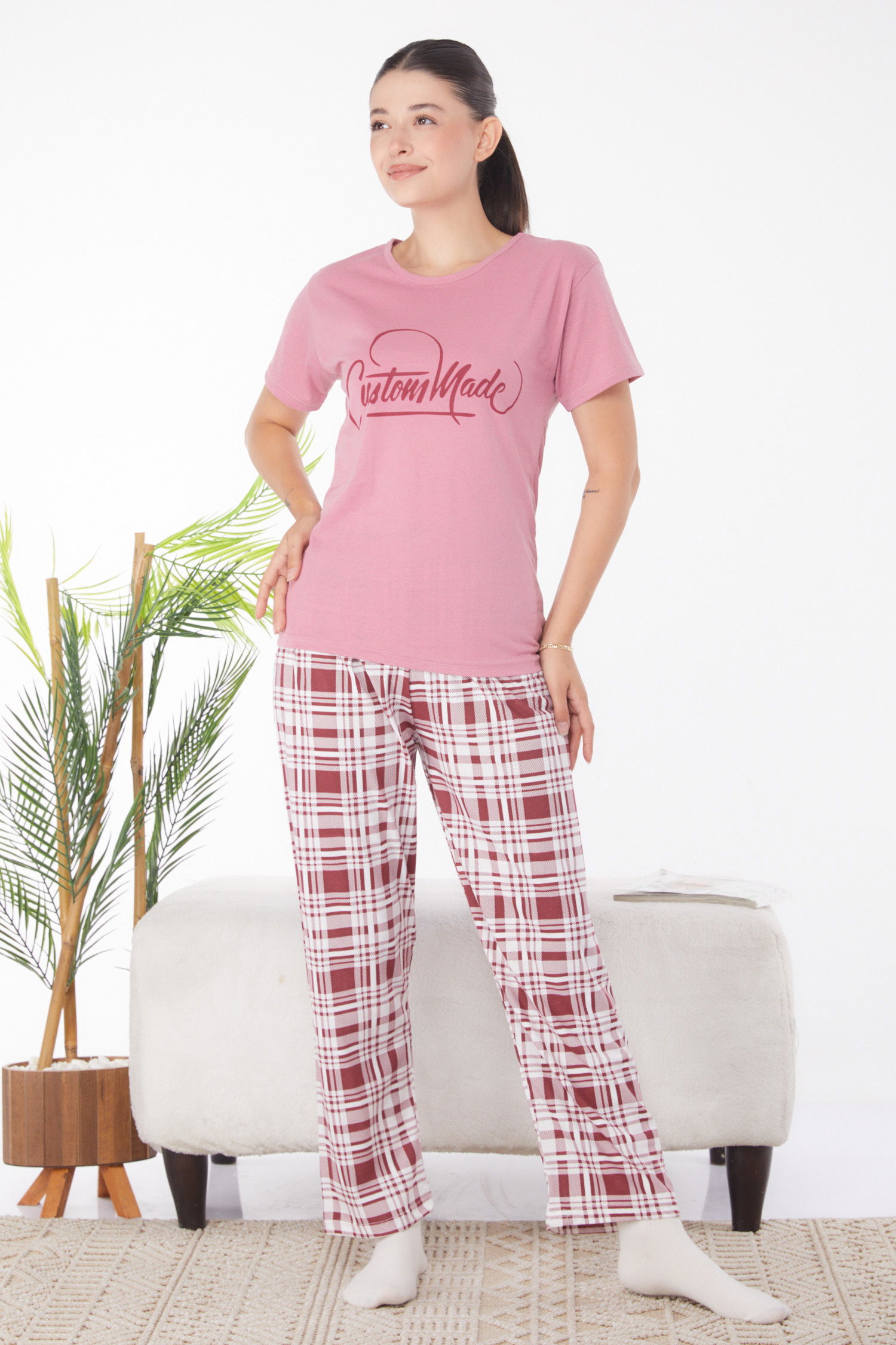Düz Bisiklet Yaka Kadın Gül Baskılı Pijama Takımı - 25819 - 3