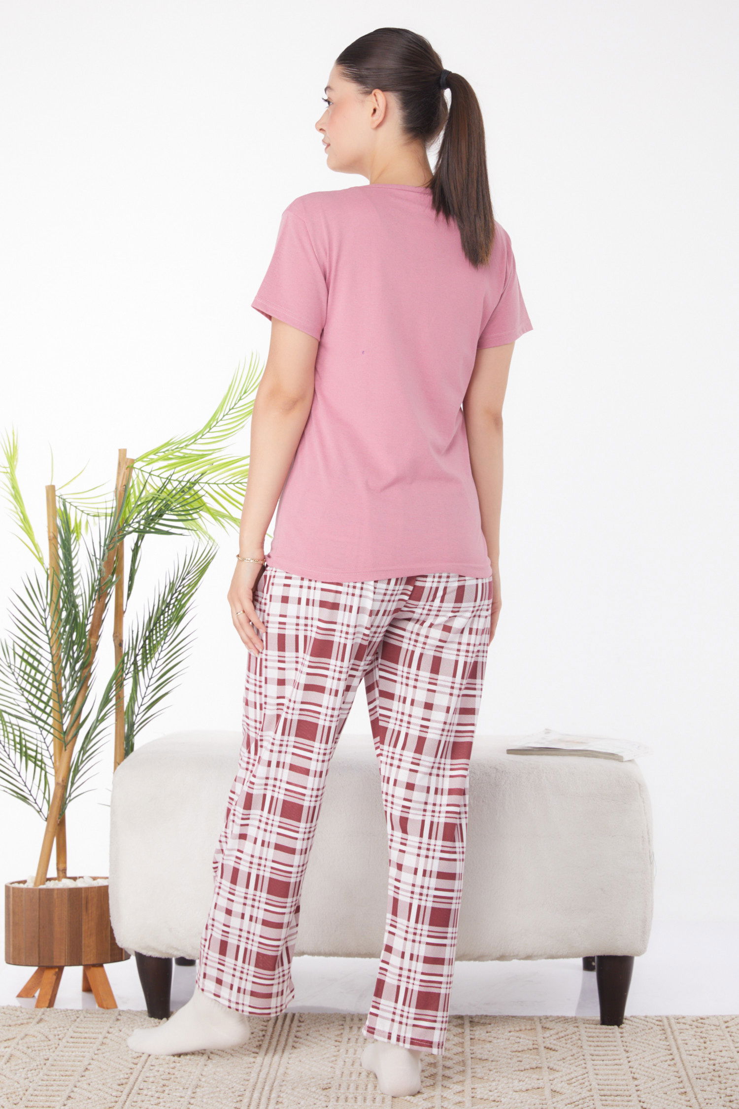 Düz Bisiklet Yaka Kadın Gül Baskılı Pijama Takımı - 25819 - 5