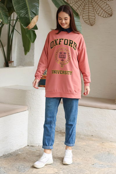 Düz Bisiklet Yaka Kadın Gül Baskılı Sweatshirt - 13281 