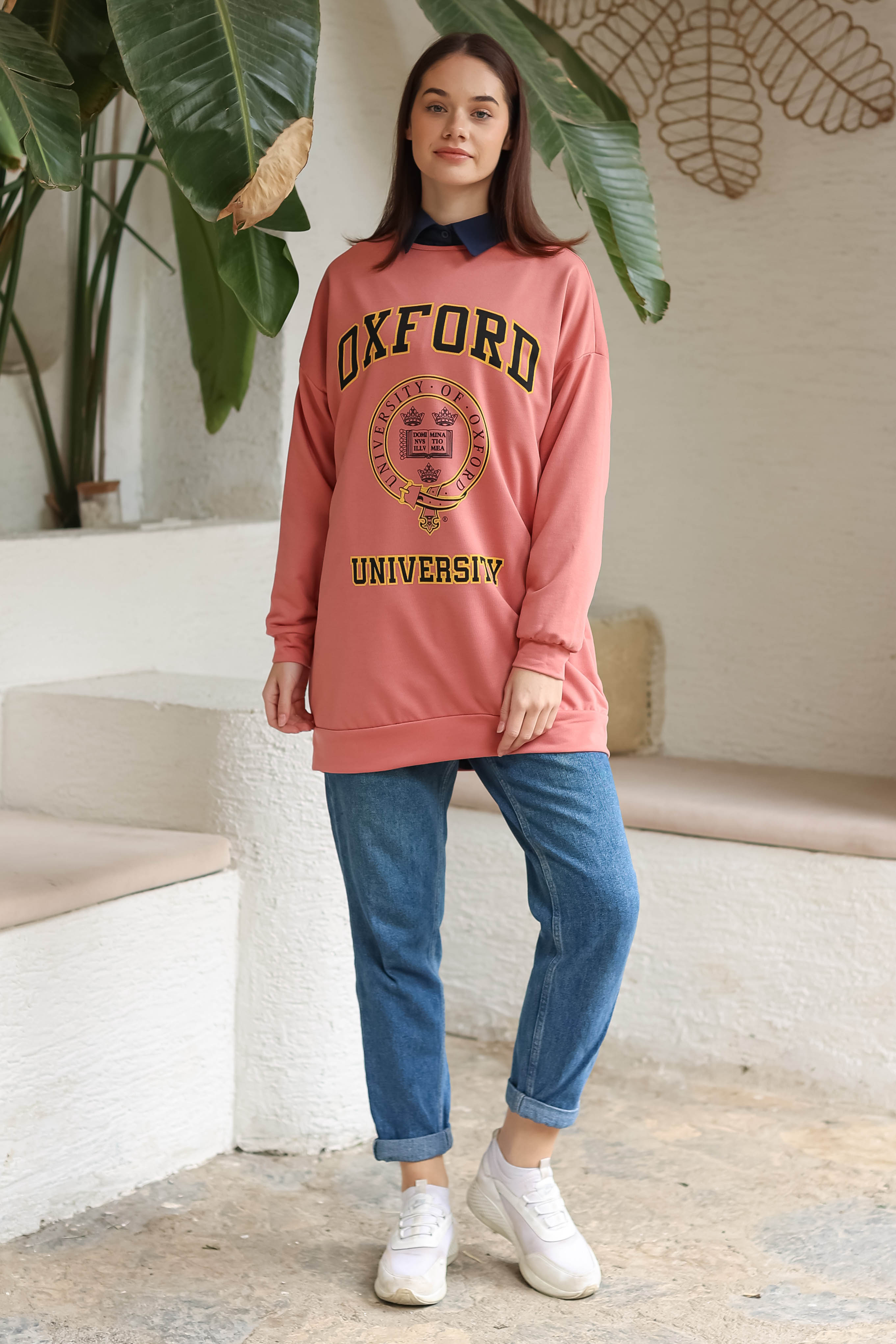 Düz Bisiklet Yaka Kadın Gül Baskılı Sweatshirt - 13281 - 2