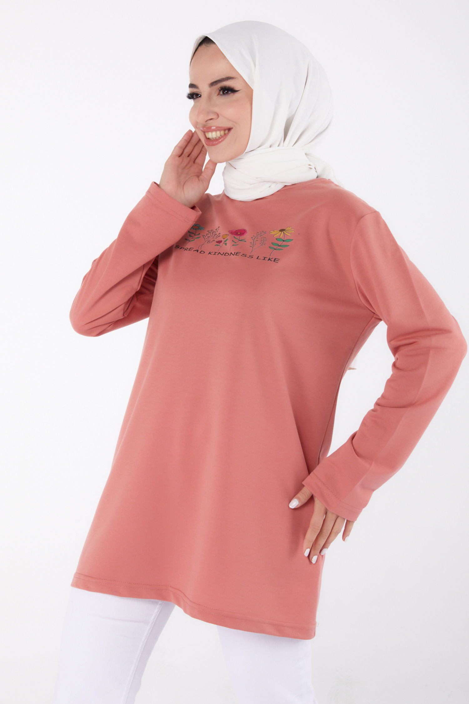 Baskılı Sweatshirt Gül - 13332 - 1