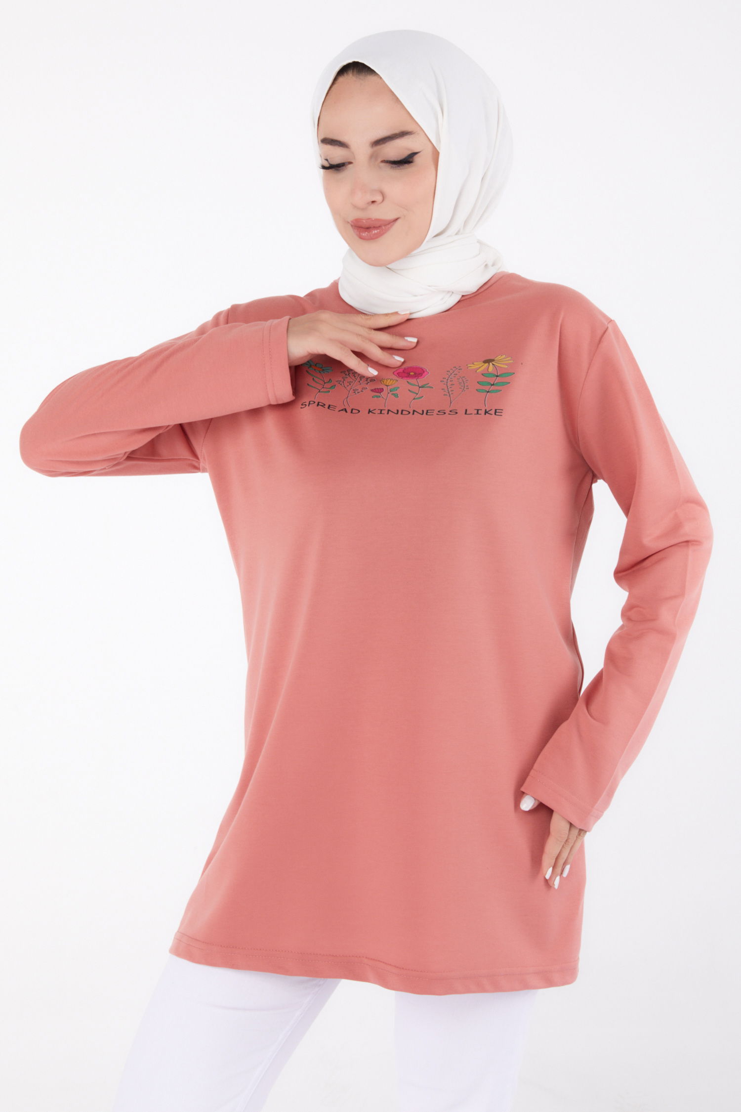 Baskılı Sweatshirt Gül - 13332 - 2
