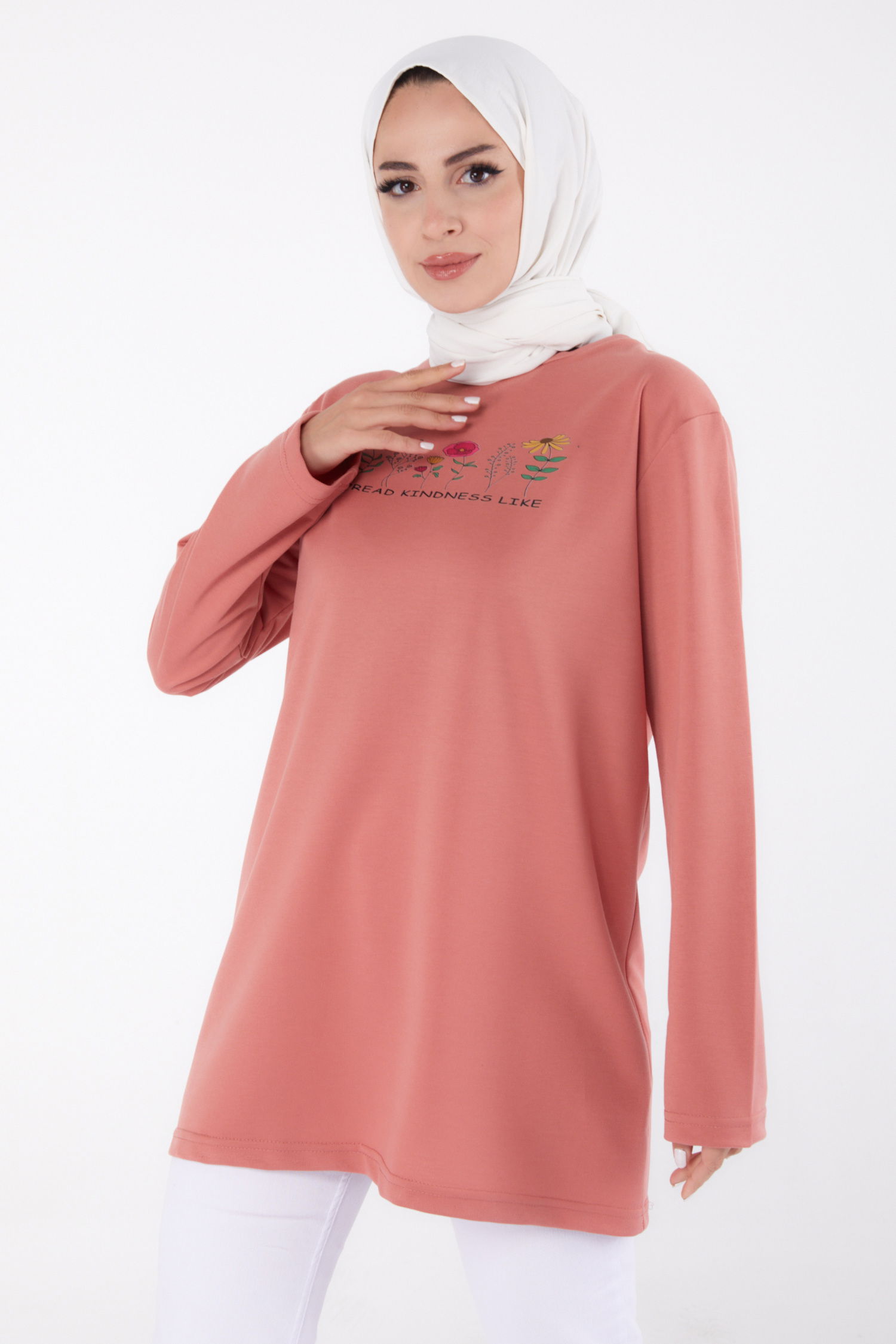 Baskılı Sweatshirt Gül - 13332 - 3