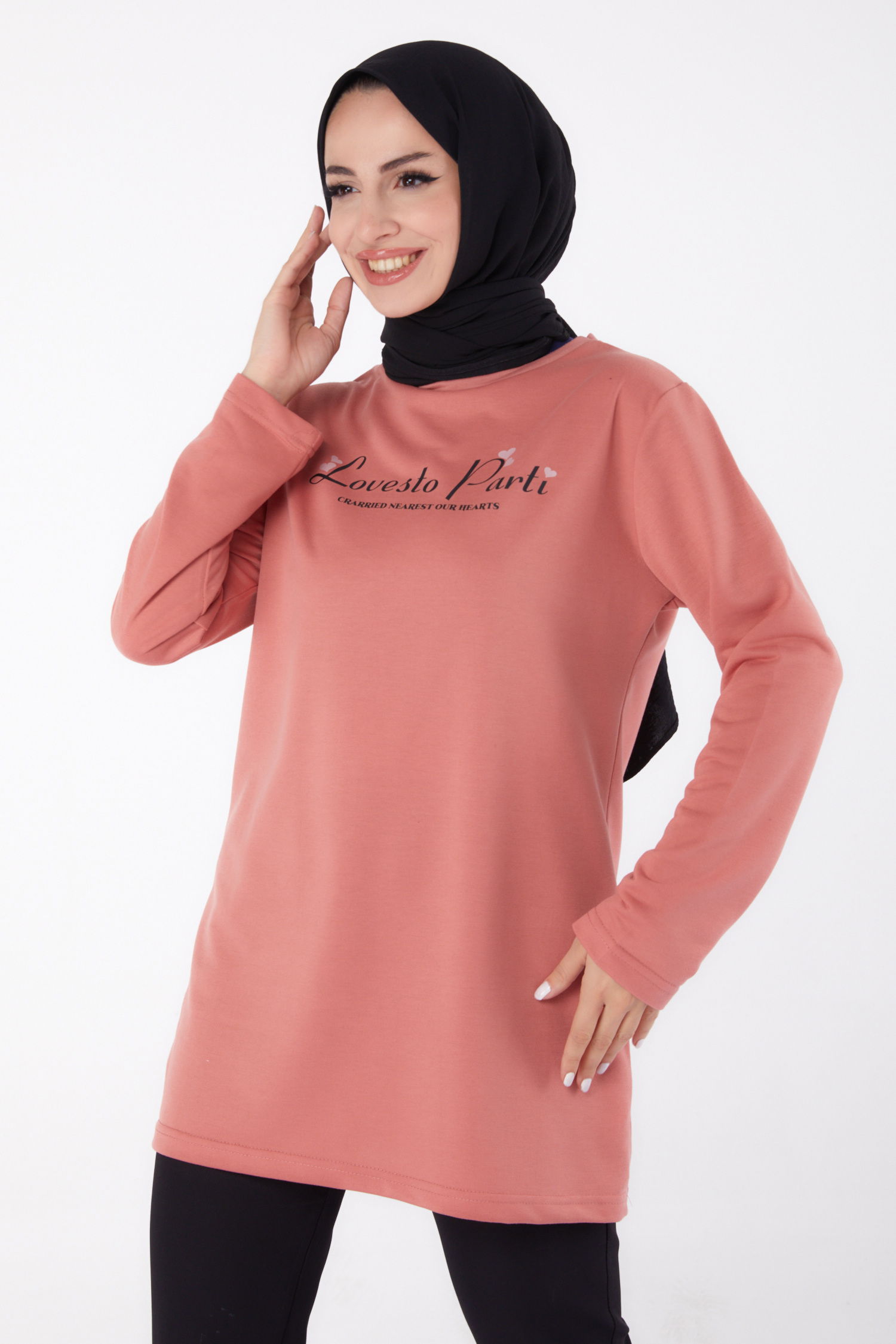 Baskılı Sweatshirt Gül - 13335 - 2
