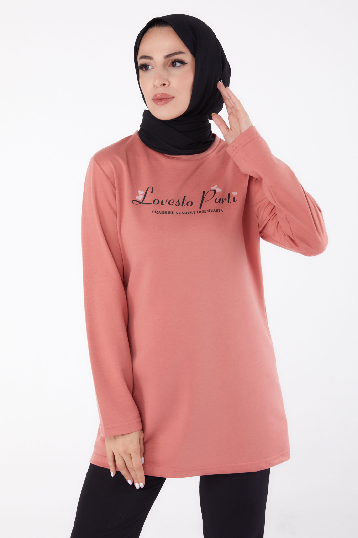 Baskılı Sweatshirt Gül - 13335 - 3