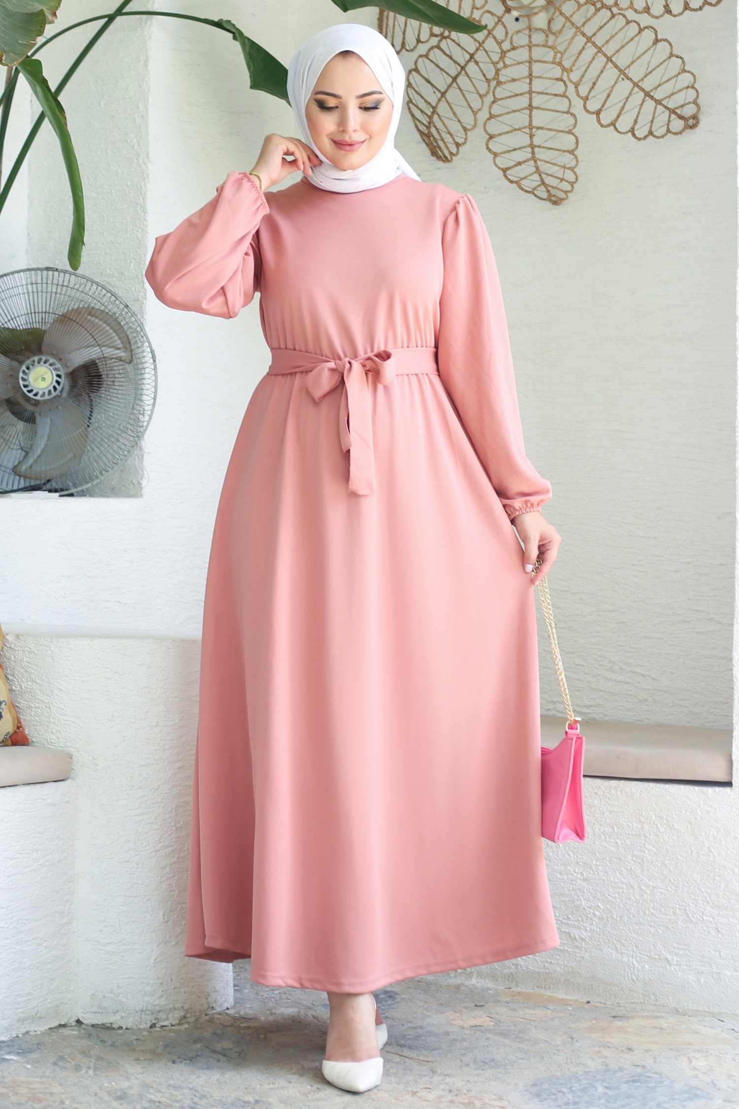 Büzgülü Elbise Gül - 13246 - 1