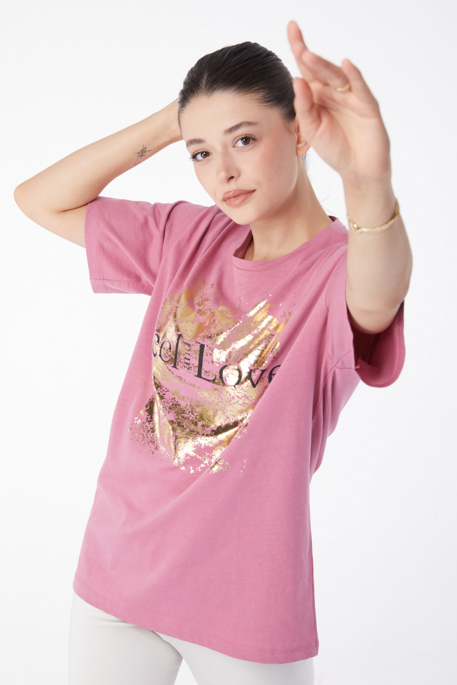 Düz Bisiklet Yaka Kadın Gül Kısa Kollu Baskılı T-shirt - 25982 - 1