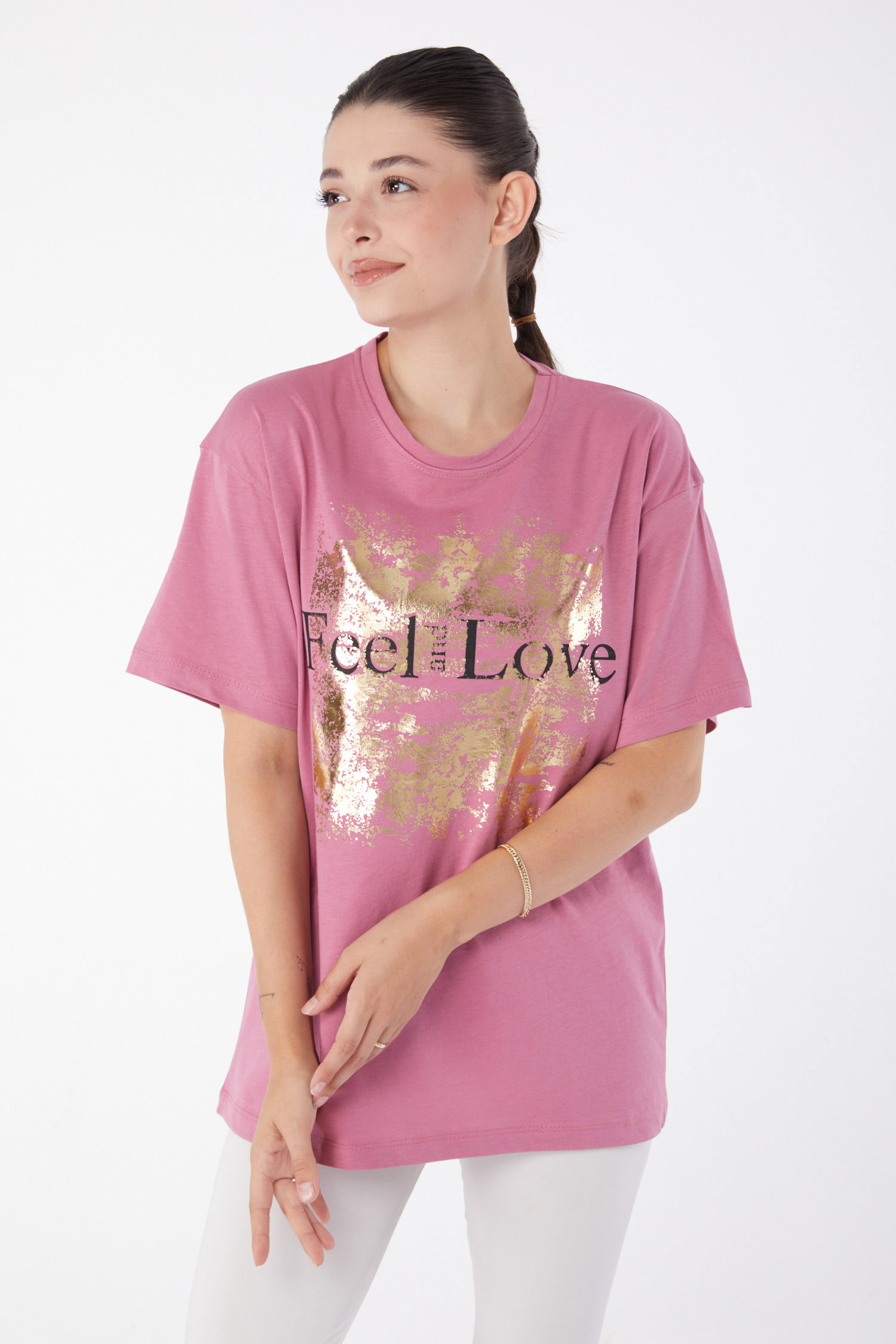 Düz Bisiklet Yaka Kadın Gül Kısa Kollu Baskılı T-shirt - 25982 - 2