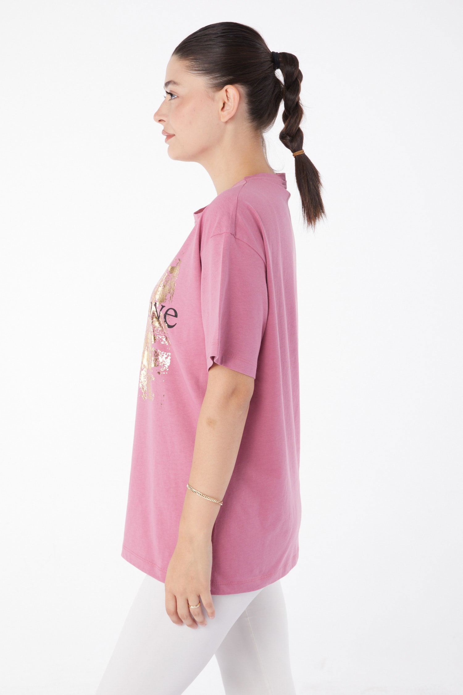 Düz Bisiklet Yaka Kadın Gül Kısa Kollu Baskılı T-shirt - 25982 - 3