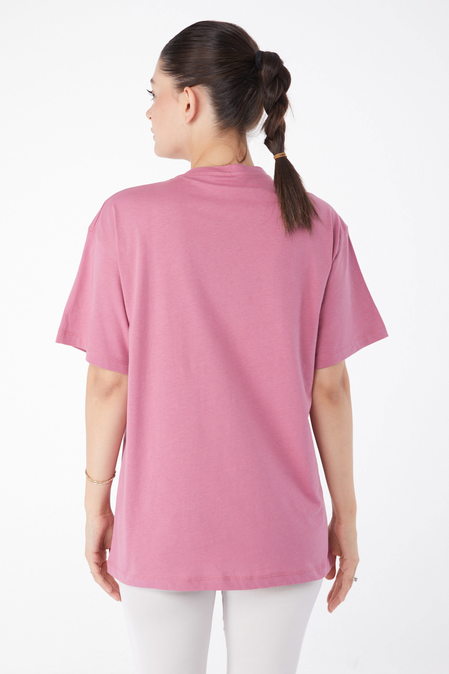 Düz Bisiklet Yaka Kadın Gül Kısa Kollu Baskılı T-shirt - 25982 - 4