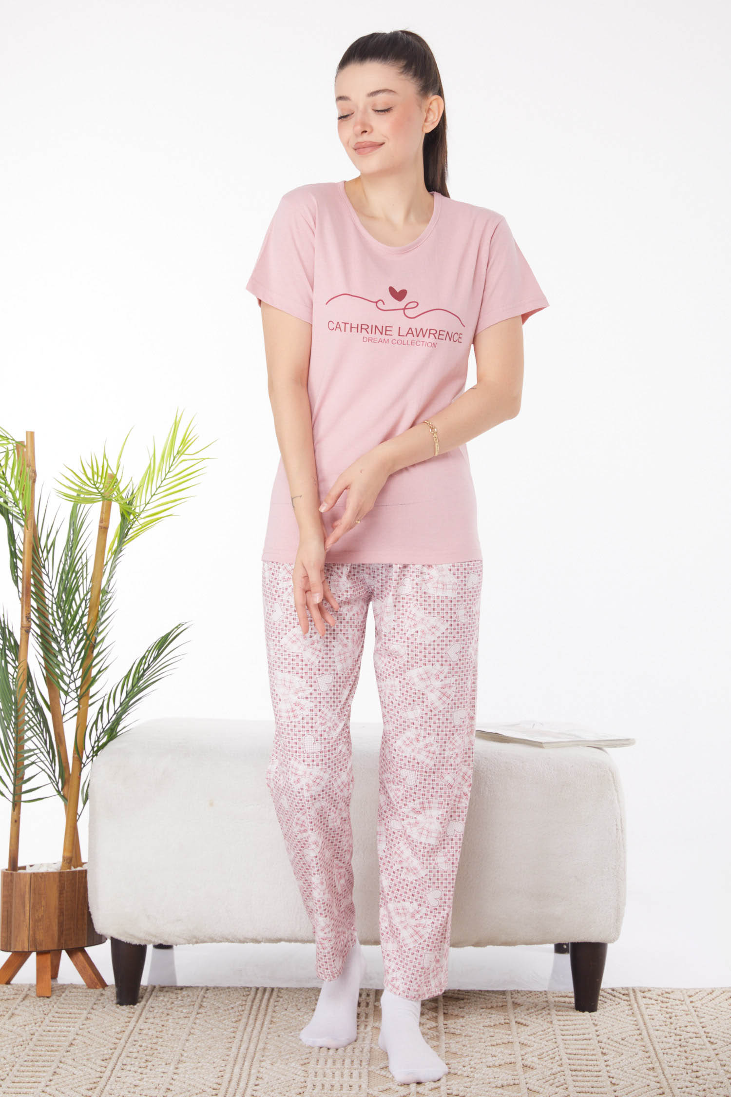 Düz Bisiklet Yaka Kadın Gul Kurusu Baskılı Pijama Takımı - 25812 - 1