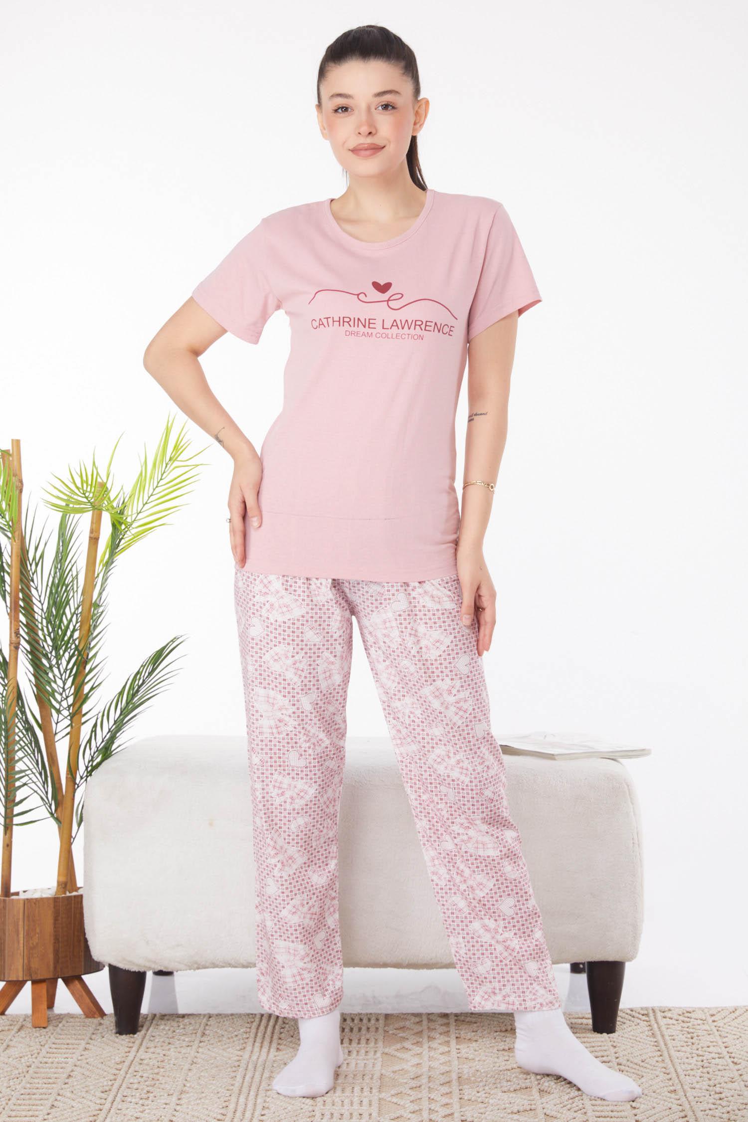 Düz Bisiklet Yaka Kadın Gul Kurusu Baskılı Pijama Takımı - 25812 - 2