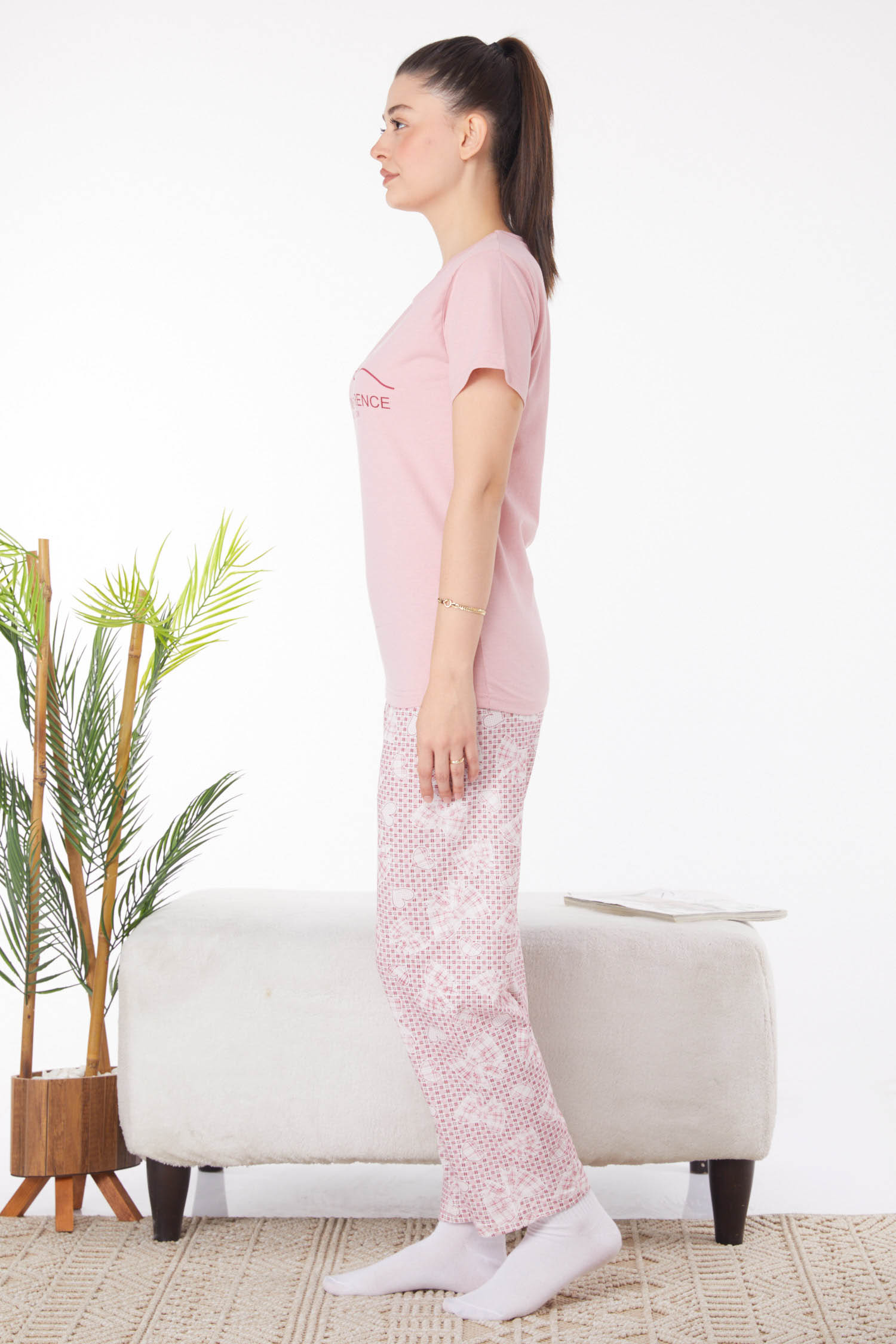 Düz Bisiklet Yaka Kadın Gul Kurusu Baskılı Pijama Takımı - 25812 - 4
