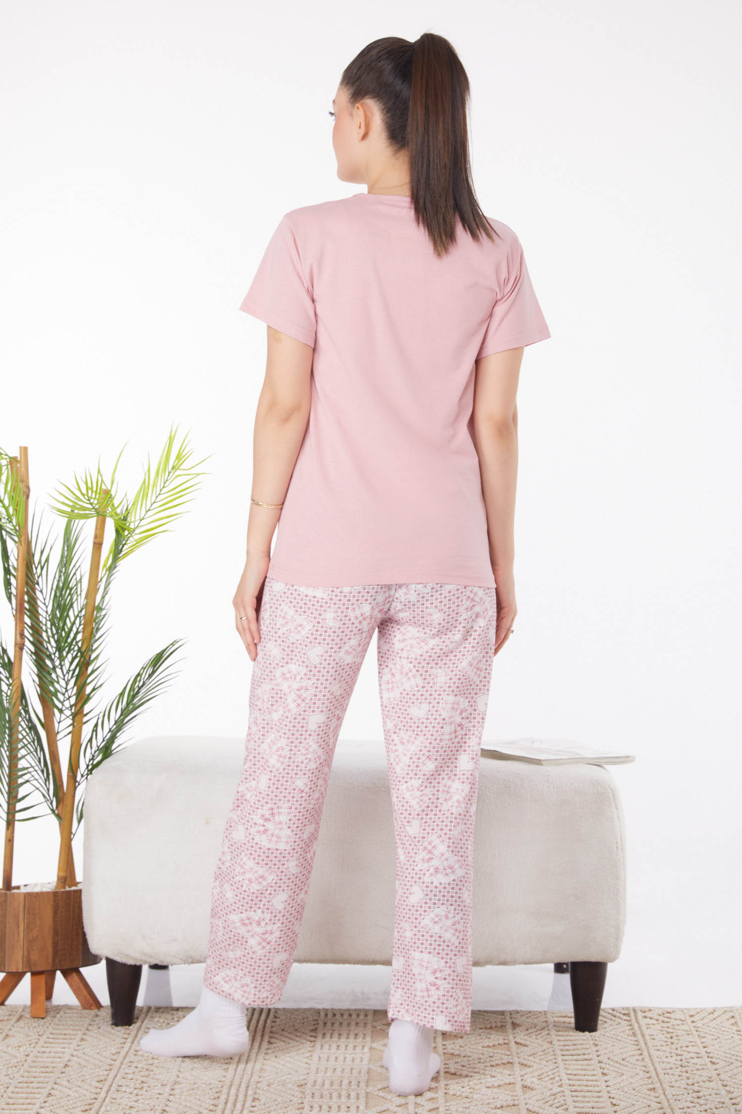 Düz Bisiklet Yaka Kadın Gul Kurusu Baskılı Pijama Takımı - 25812 - 5