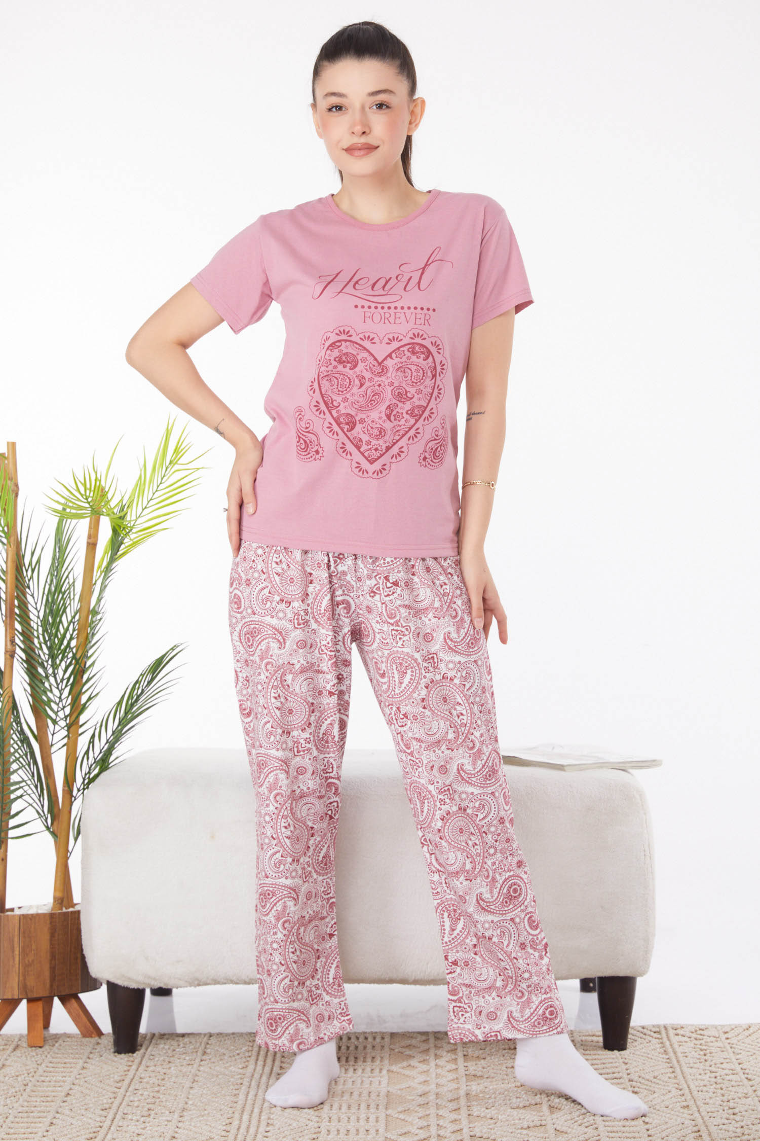 Düz Bisiklet Yaka Kadın Gul Kurusu Baskılı Pijama Takımı - 25820 - 1