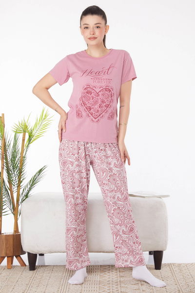 Düz Bisiklet Yaka Kadın Gul Kurusu Baskılı Pijama Takımı - 25820 