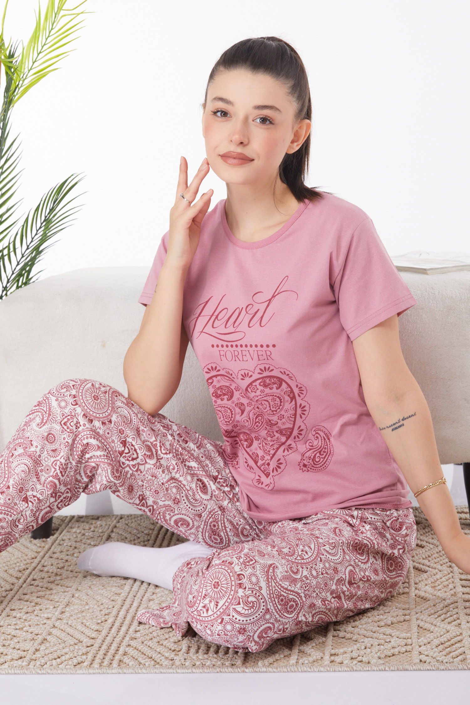 Düz Bisiklet Yaka Kadın Gul Kurusu Baskılı Pijama Takımı - 25820 - 2